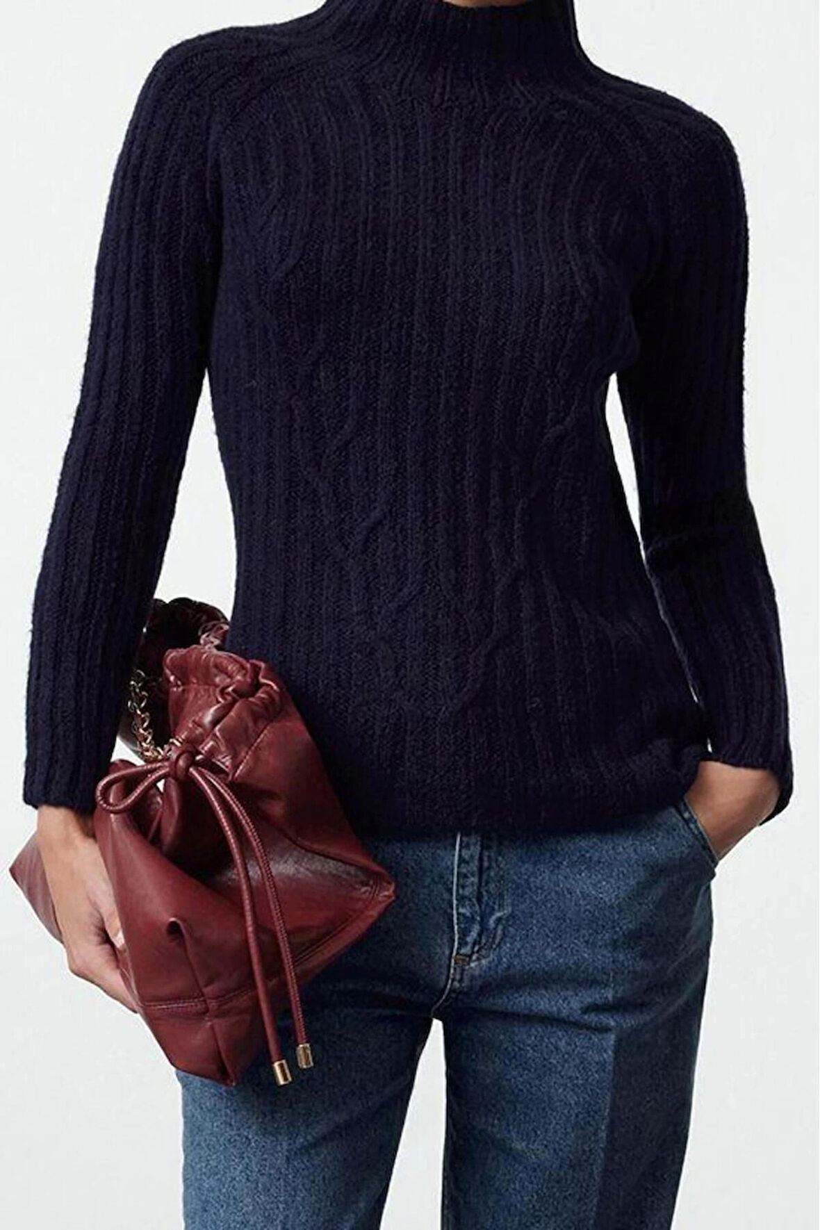 Stil Modern Kadın Regular Reglan Kol Dik Yaka Yumuşak Dokulu Örgü Detaylı Dikişsiz Triko Kazak