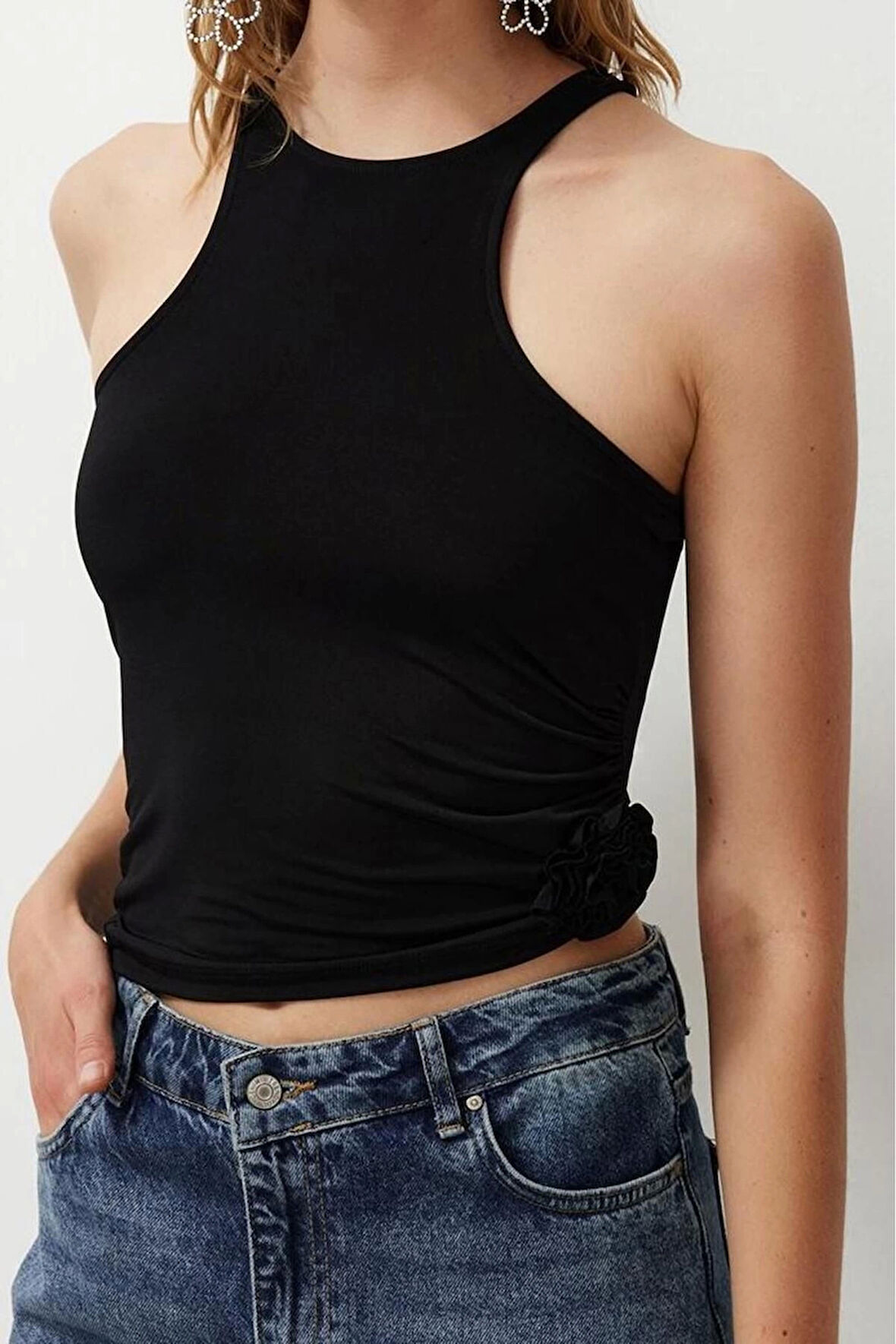 Stil Kadın Gül Detaylı Bluz Regular Örme Fitted Kalıp