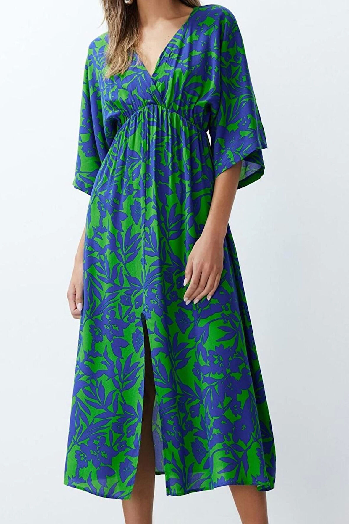 Moda Stil Regular Kruvaze Midi Boy Çiçek Desenli A Kesim Yaka Dokuma Elbise