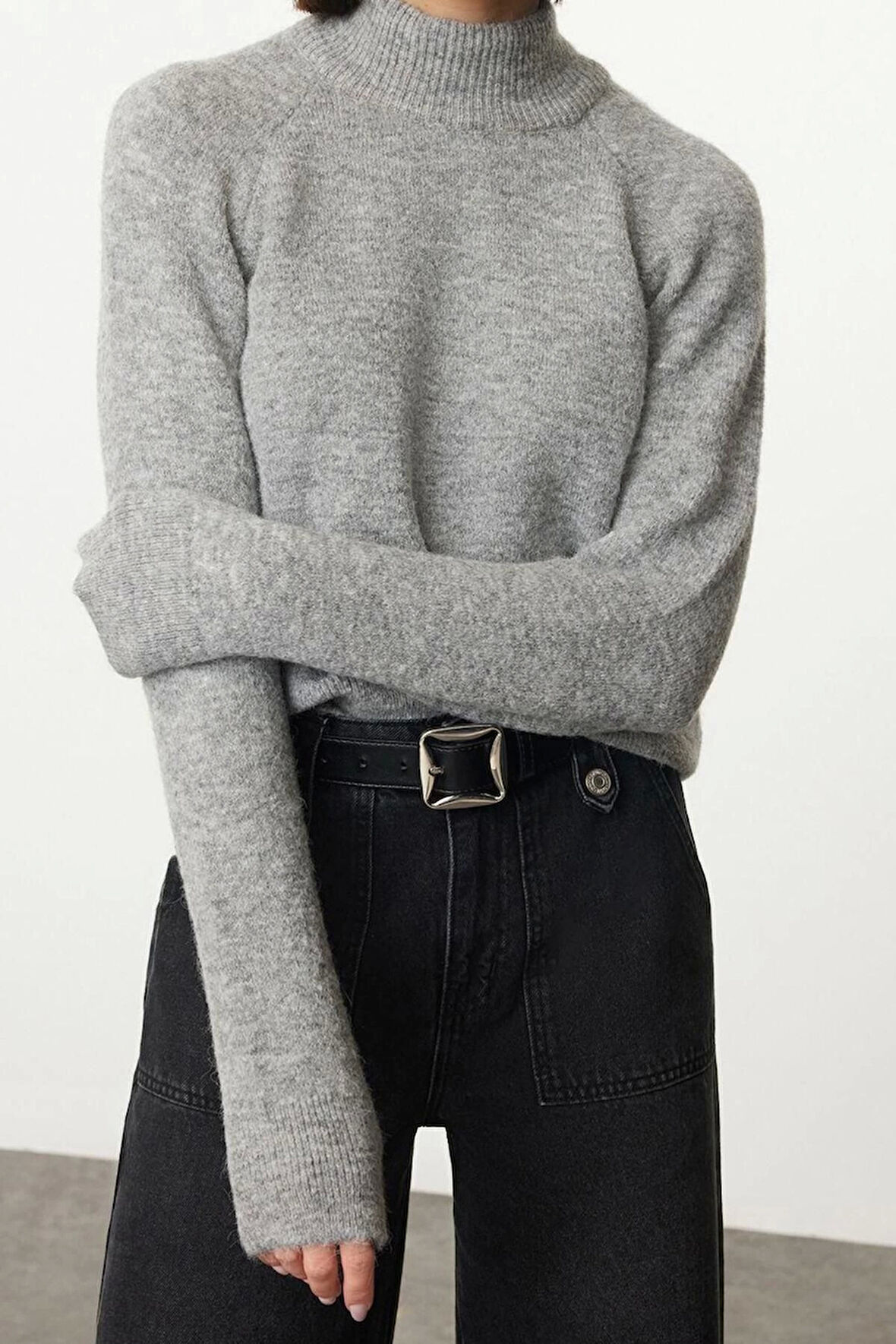 Stil Modern Kadın Regular Reglan Kol Dik Yaka Yünlü Triko Kazak