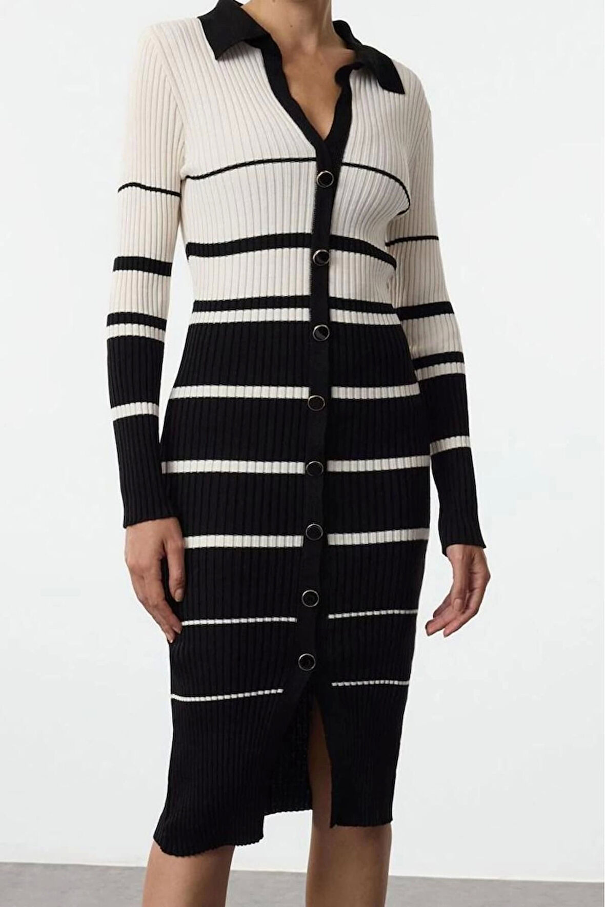 Moda Stil Slim Polo Yaka Midi Boy Triko Renk Bloklu Çizgili Elbise