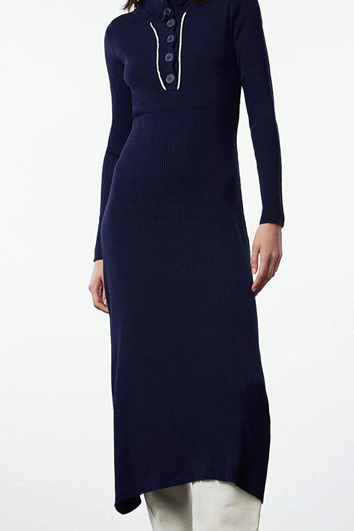 Moda Stil Regular Polo Yaka Midi Boy Triko Çizgili Biye Detaylı Elbise