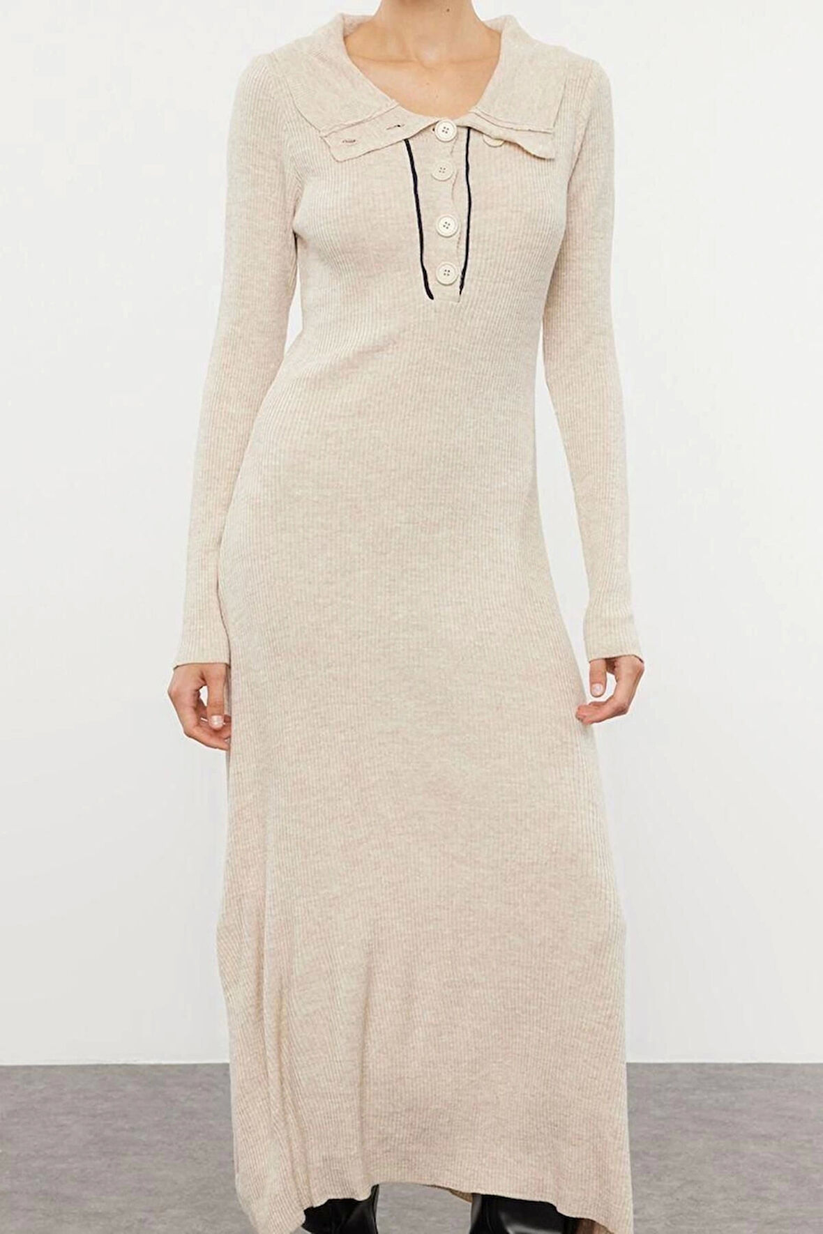 Moda Stil Regular Polo Yaka Midi Boy Triko Çizgili Biye Detaylı Elbise