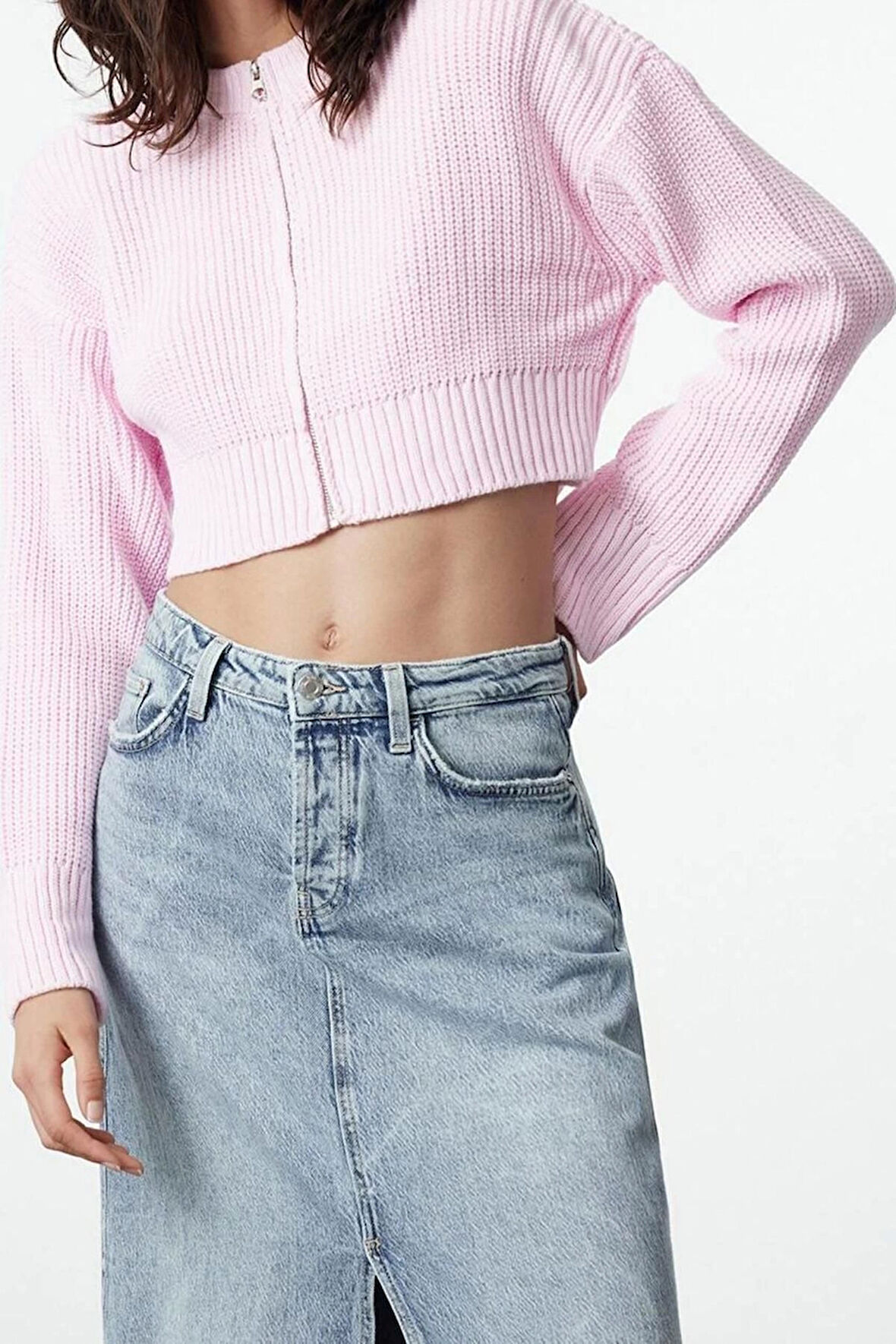 Kadın Modern Tarz Regular Bisiklet Yaka Crop Triko Hırka