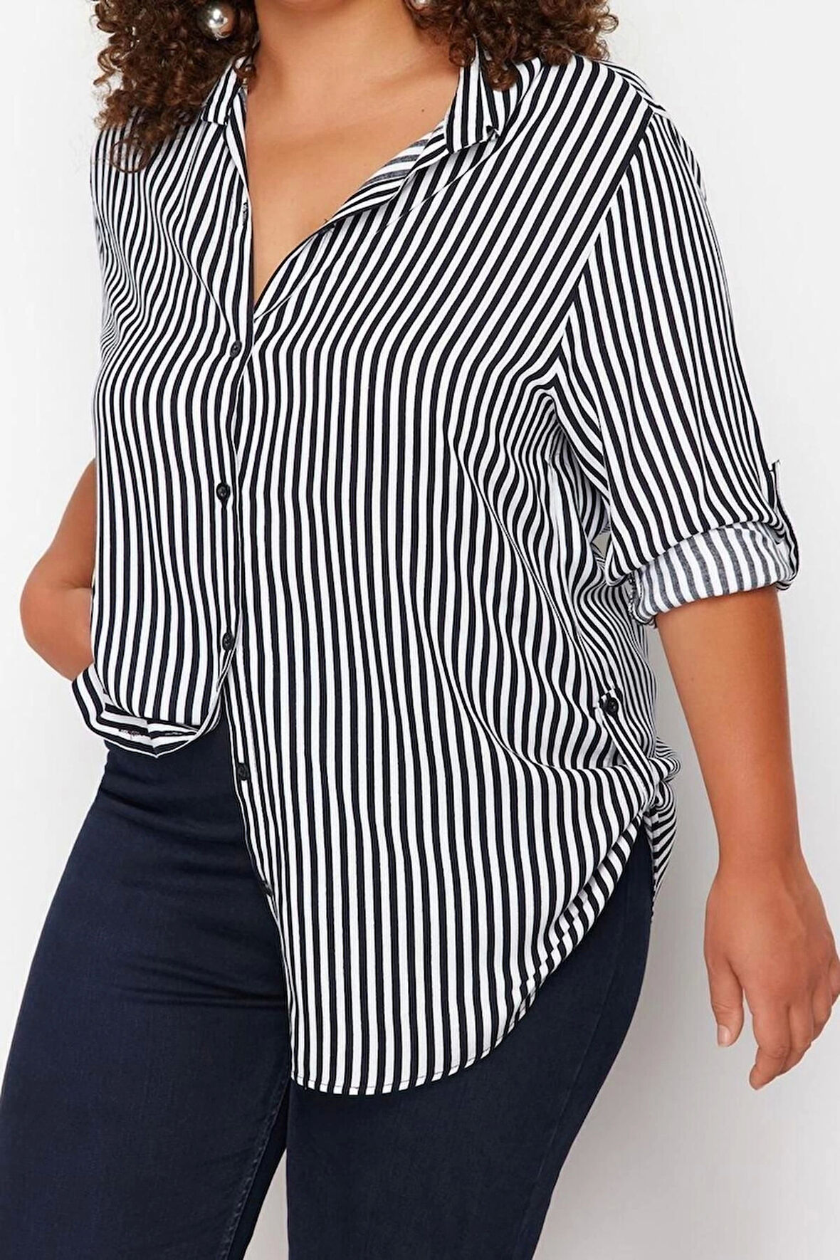 Moda Kadın Büyük Beden Gömlek Yaka Düz Desen Günlük Çizgili Gömlek