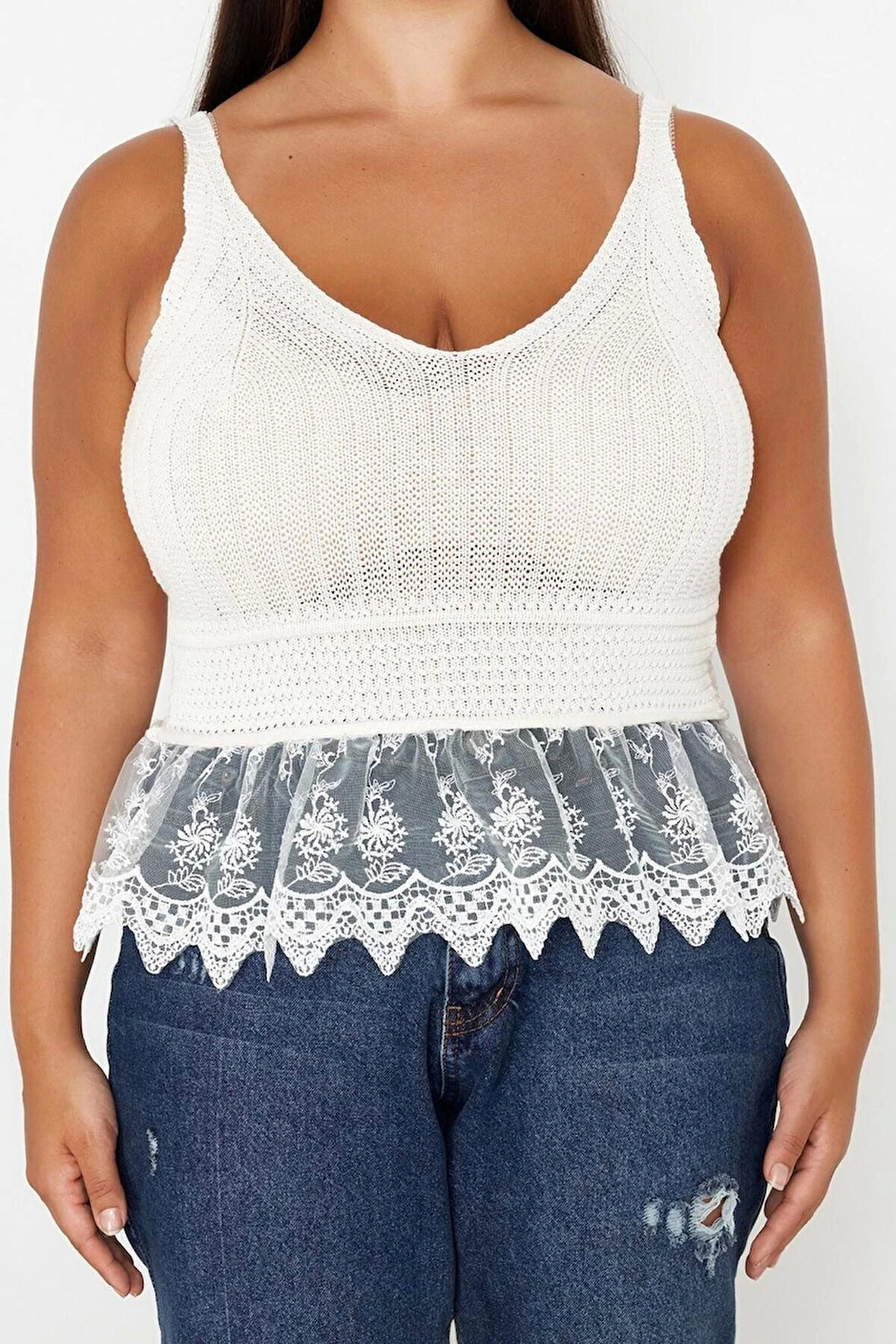 Moda Büyük Beden V Yaka Triko Fit Ajurlu Desen Casual Günlük Regular Askılı Kol Bluz
