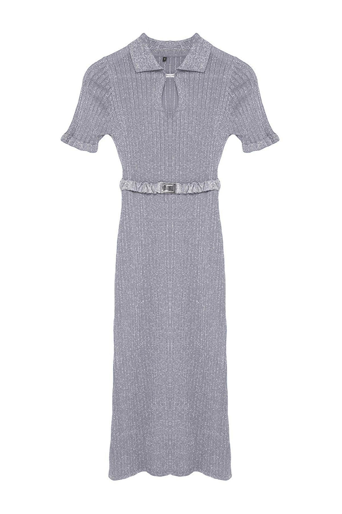 Moda Regular Şık Abiye Gece Fitilli Triko Polo Yaka Kısa Kol Shift Midi Boy Elbise