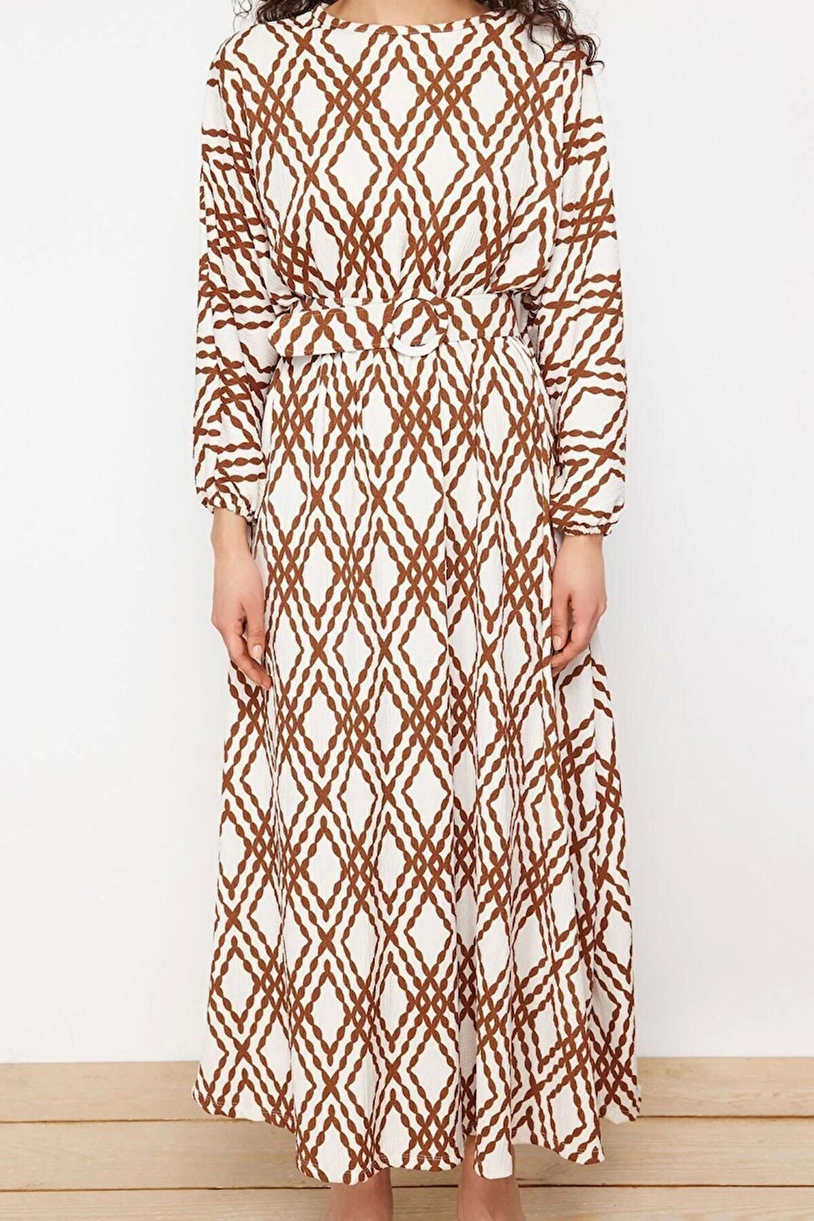 Moda Regular Casual Günlük Crinkle Dokuma Bisiklet Yaka Uzun Kol Skater Maxi Boy Tesettür Elbise