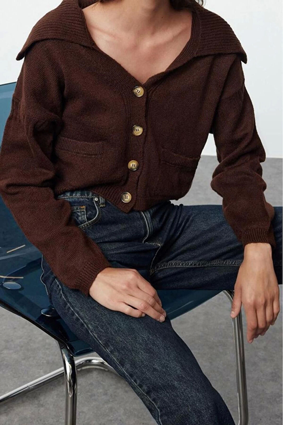 Kadın Modern Tarz Oversize Devrik Yaka Crop Triko Hırka