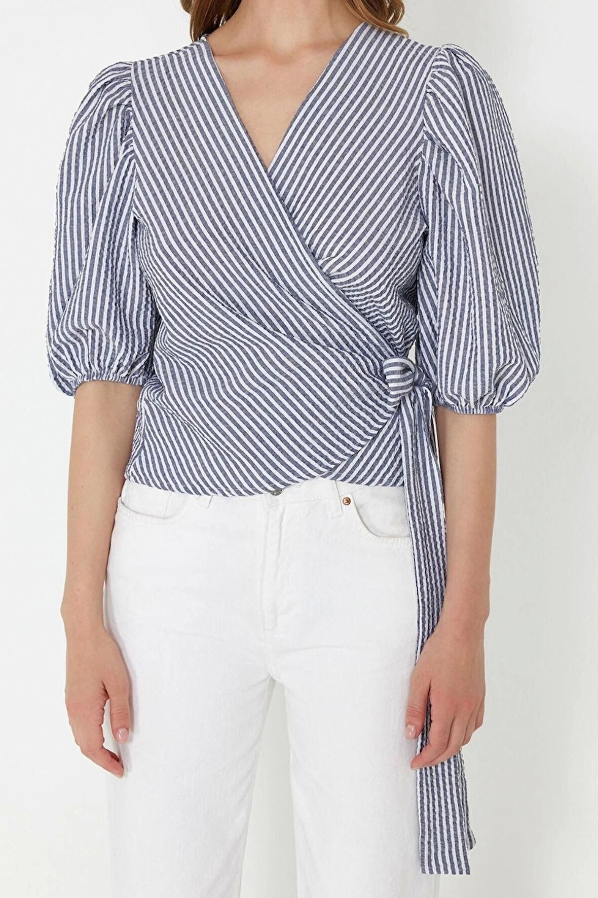 Moda V Yaka Dokuma Regular Düz Desen Casual Günlük Regular Kısa Kol Bluz