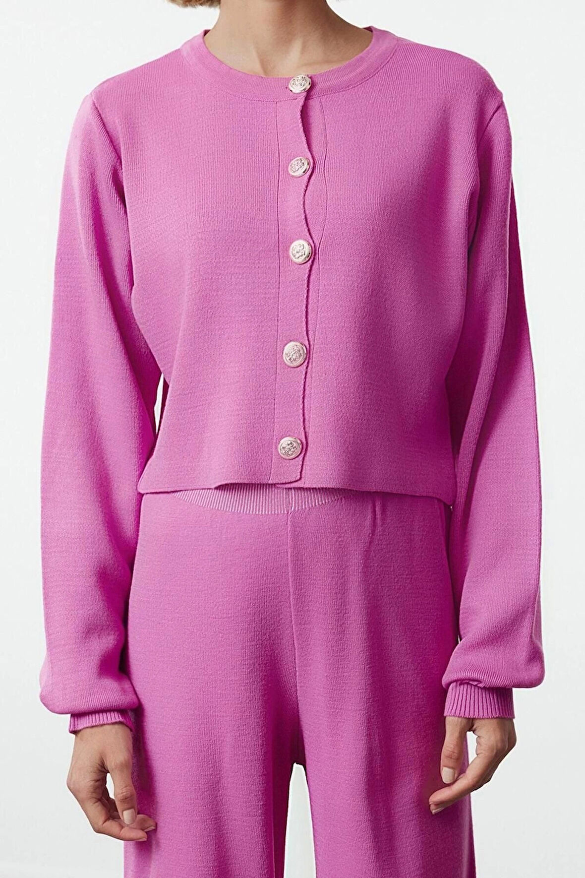 Tarz Kadın Modern Moda Normal Bel Boru Paça Bisiklet Yaka Crop Hırka-Pantalon Triko Alt-Üst Takım