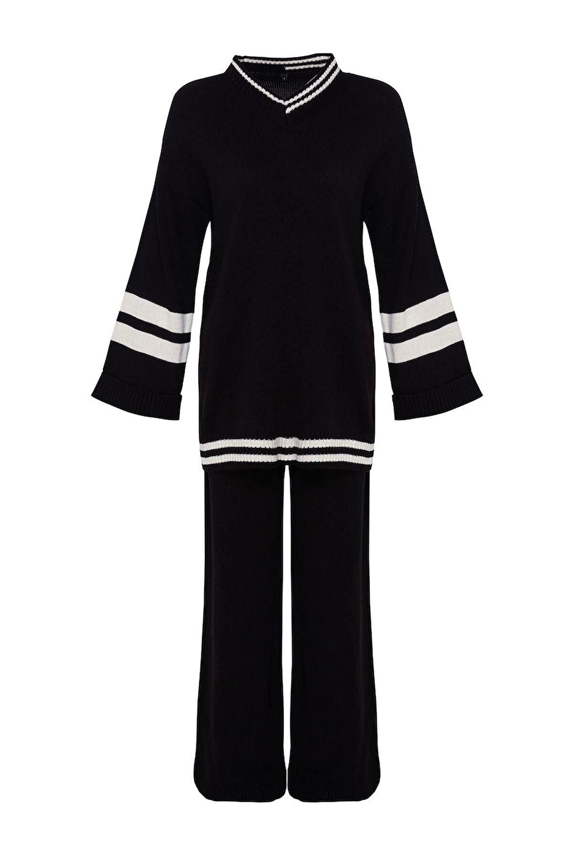 Moda Renk Bloklu Düşük Kol Casual Günlük Indigo Renk Bloklu Çizgili Triko Alt-Üst Takım