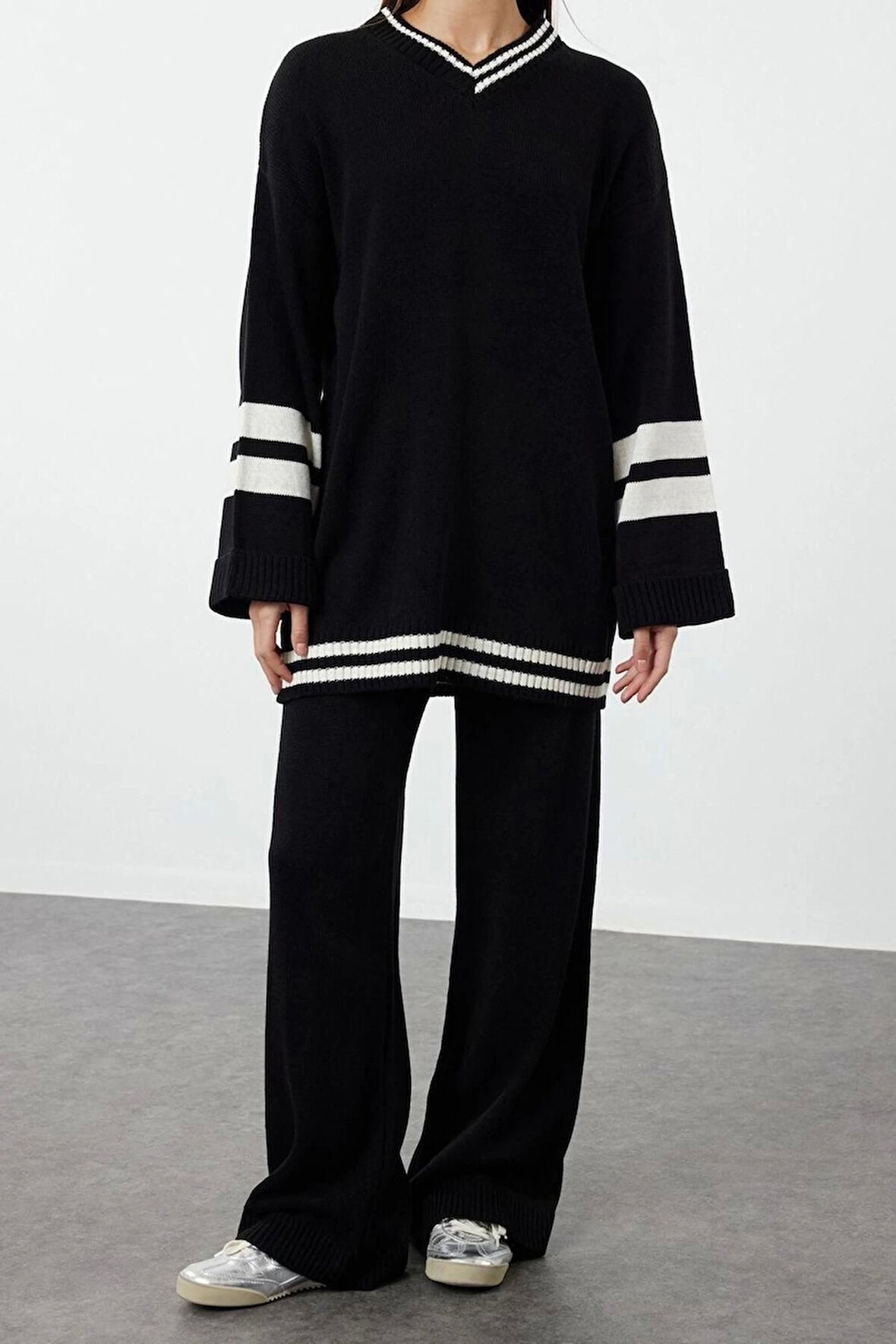 Moda Renk Bloklu Düşük Kol Casual Günlük Indigo Renk Bloklu Çizgili Triko Alt-Üst Takım