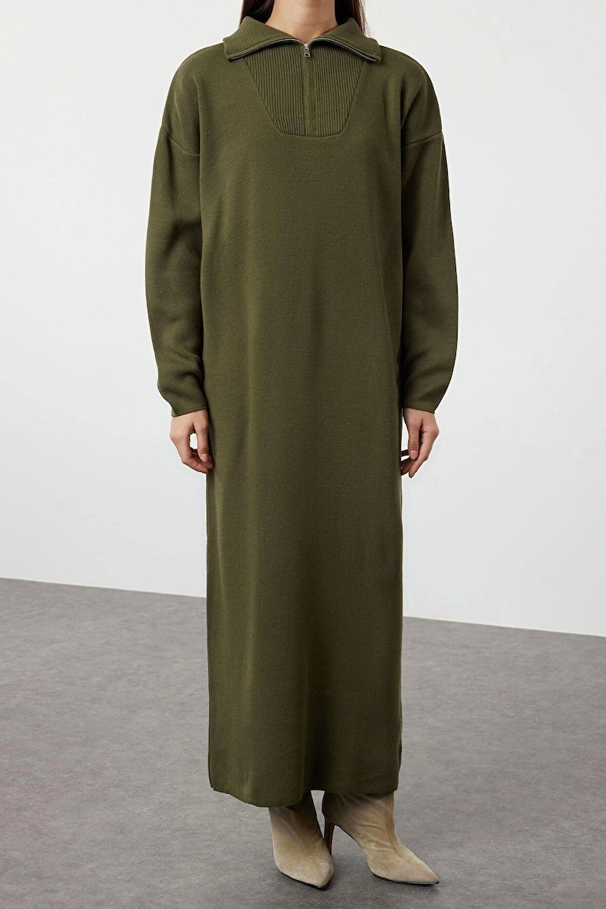 Moda Rahat Casual Günlük Çift Plaka Triko Dik Yaka Uzun Kol Shift Maxi Boy Tesettür Elbise