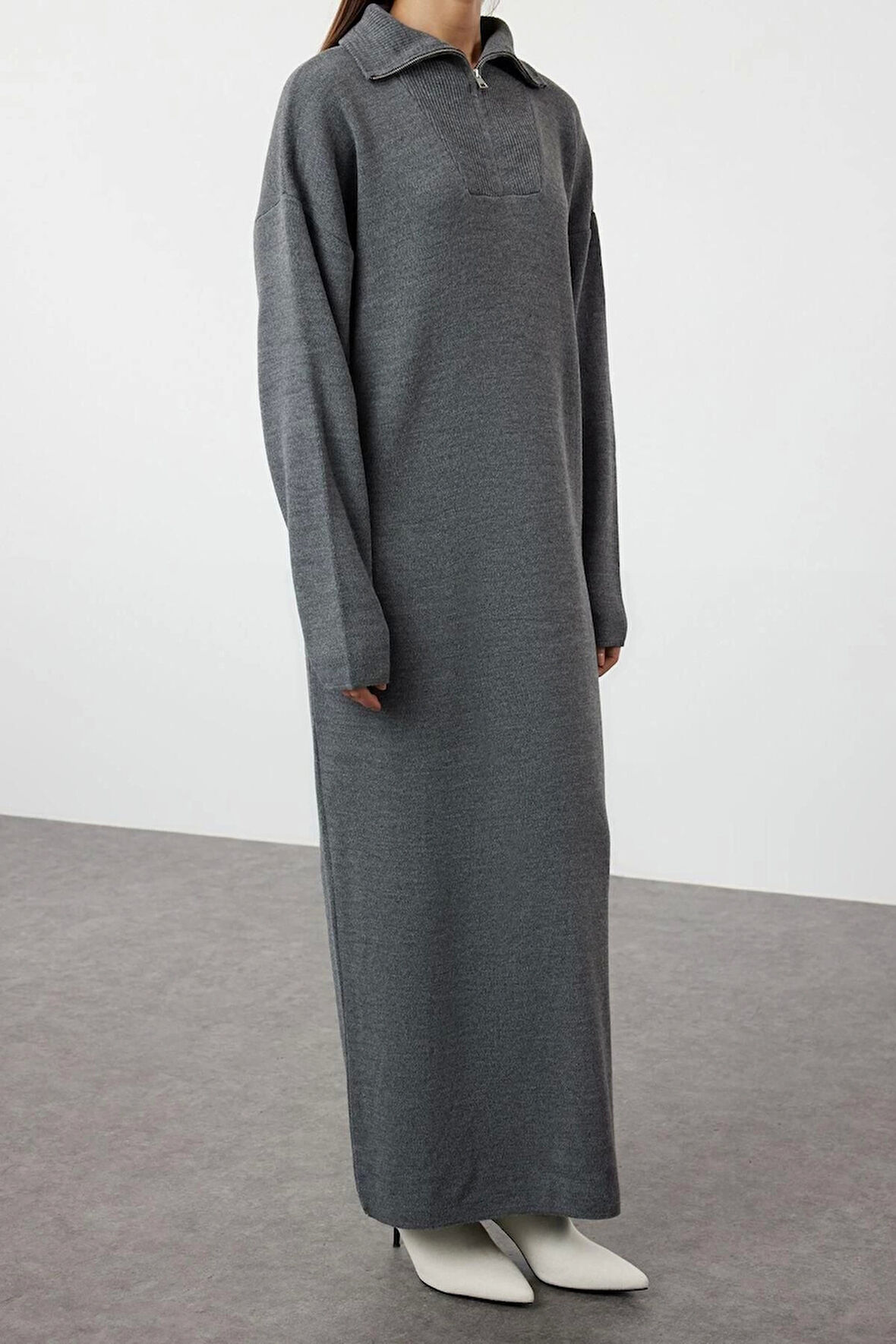 Moda Rahat Casual Günlük Çift Plaka Triko Dik Yaka Uzun Kol Shift Maxi Boy Tesettür Elbise