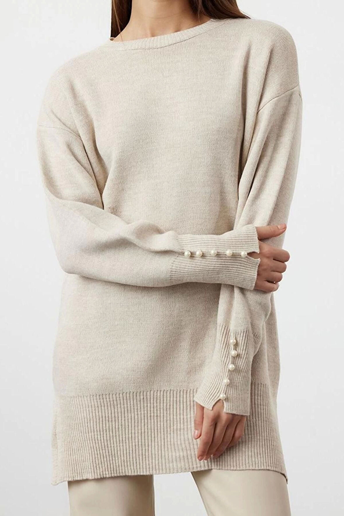 Kadın Modern Tarz Rahat Uzun Bisiklet Yaka Düz Kol Regular Triko Kazak