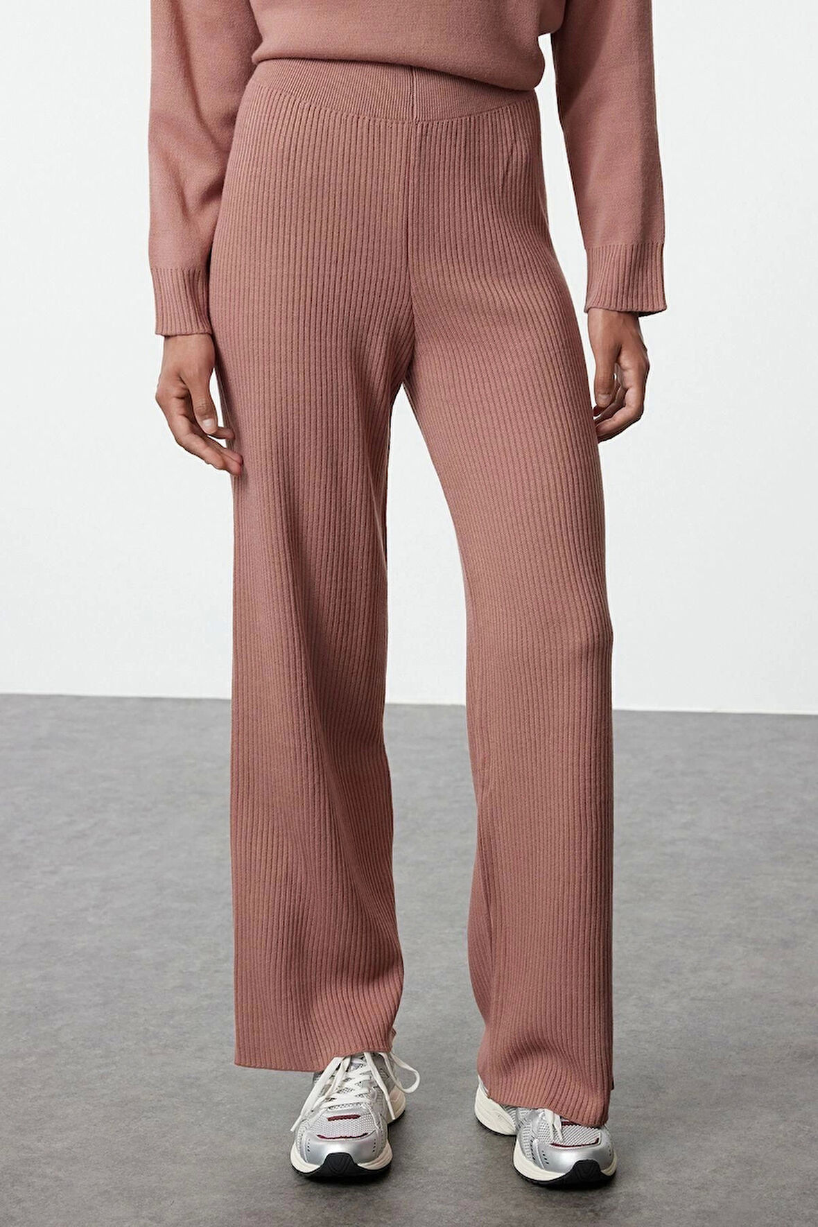 Tarz Kadın Modern Moda Normal Bel Geniş Paça Dik Yaka Fitilli Örgü Basic Triko Alt-Üst Takım