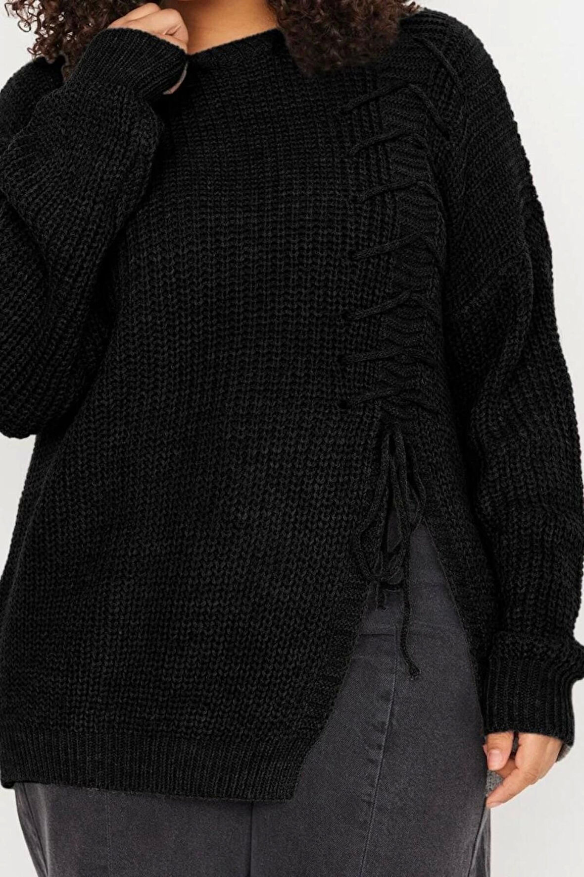 Büyük Beden Kadın Modern Tarz Rahat Uzun Bisiklet Yaka Düz Kol Uzun Triko Kazak