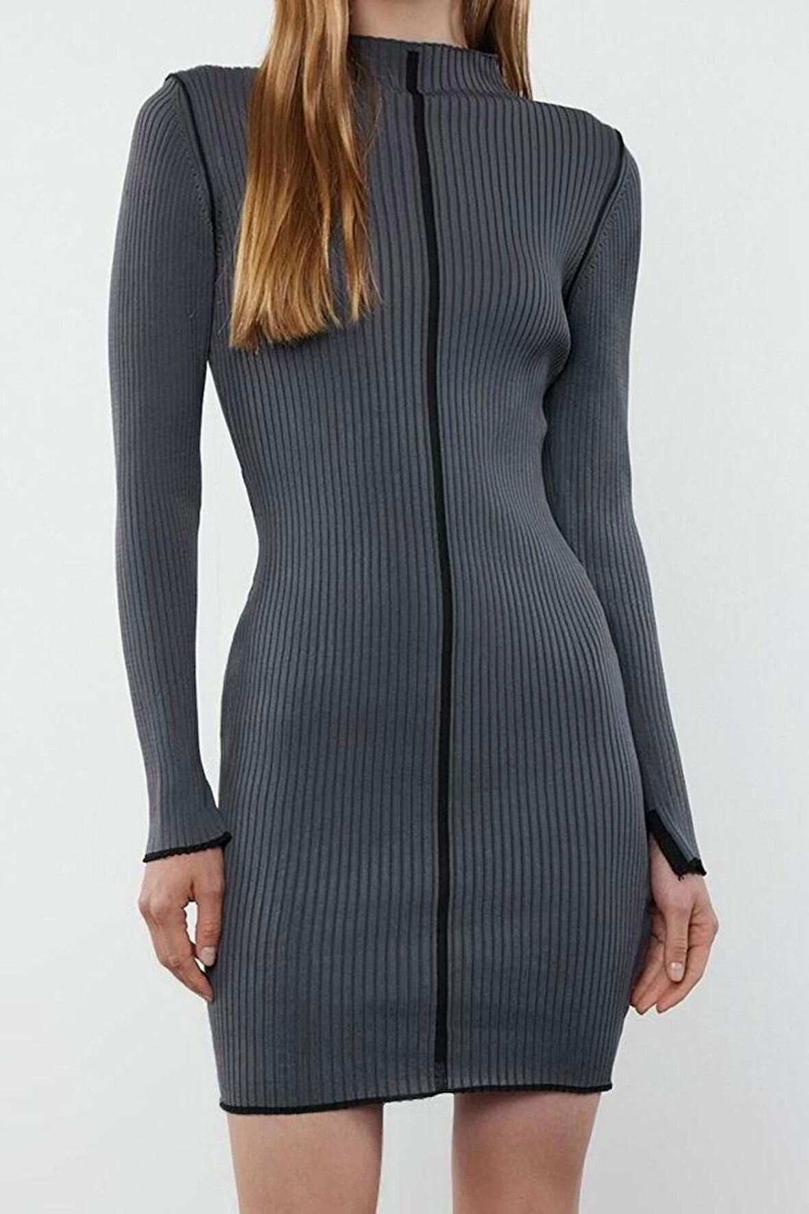 Moda Stil Slim Dik Yaka Mini Boy Kahverengi Triko Konstrat Renkli Elbise