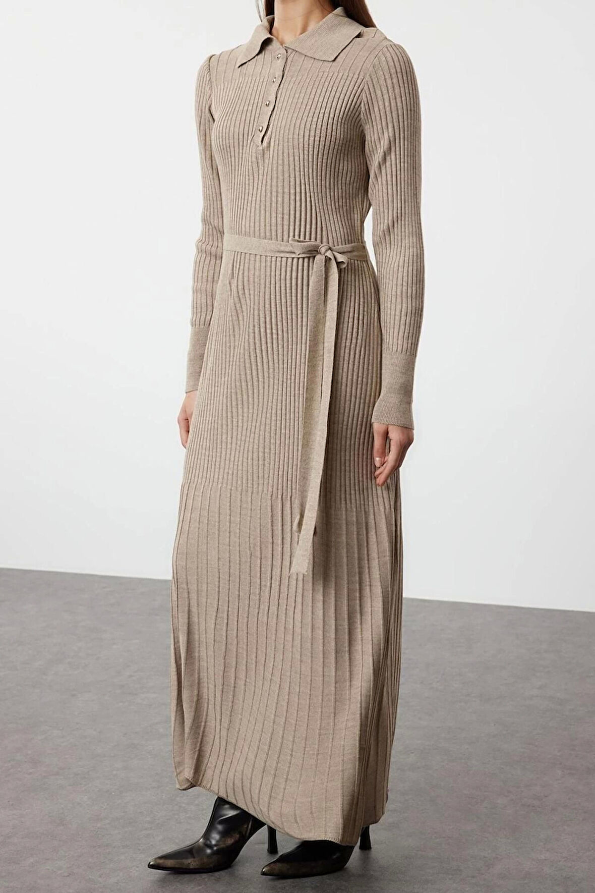 Moda Fit Casual Günlük Ribana Kaşkorse Triko Polo Yaka Uzun Kol Balık Maxi Boy Tesettür Elbise