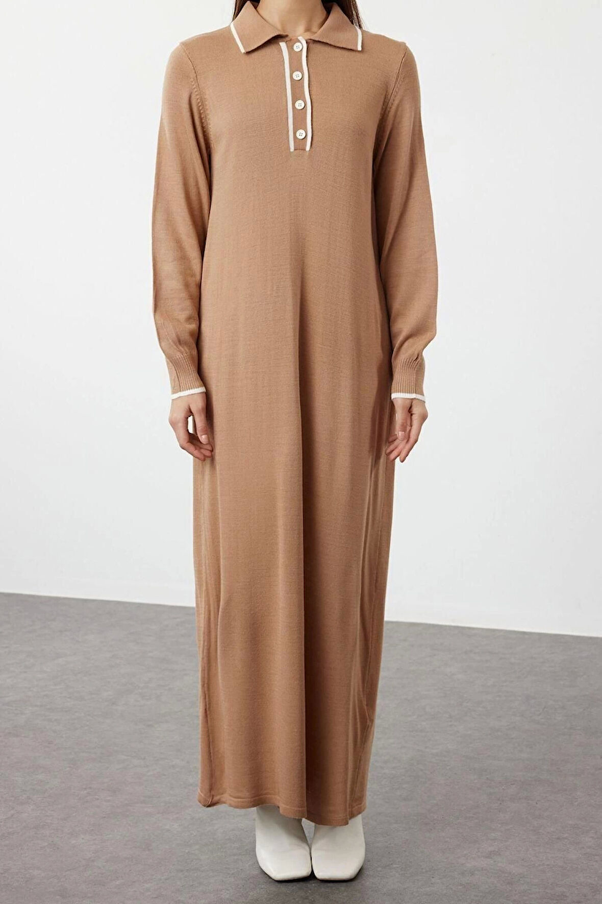 Moda Rahat Casual Günlük Tek Plaka Triko Bisiklet Yaka Uzun Kol Shift Maxi Boy Tesettür Elbise