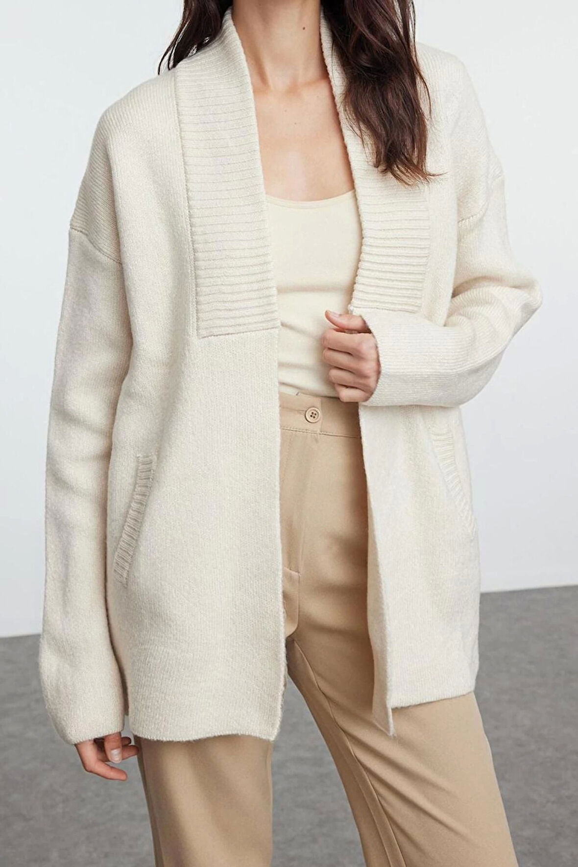 Kadın Modern Tarz Oversize Şal Yaka Midi Triko Hırka