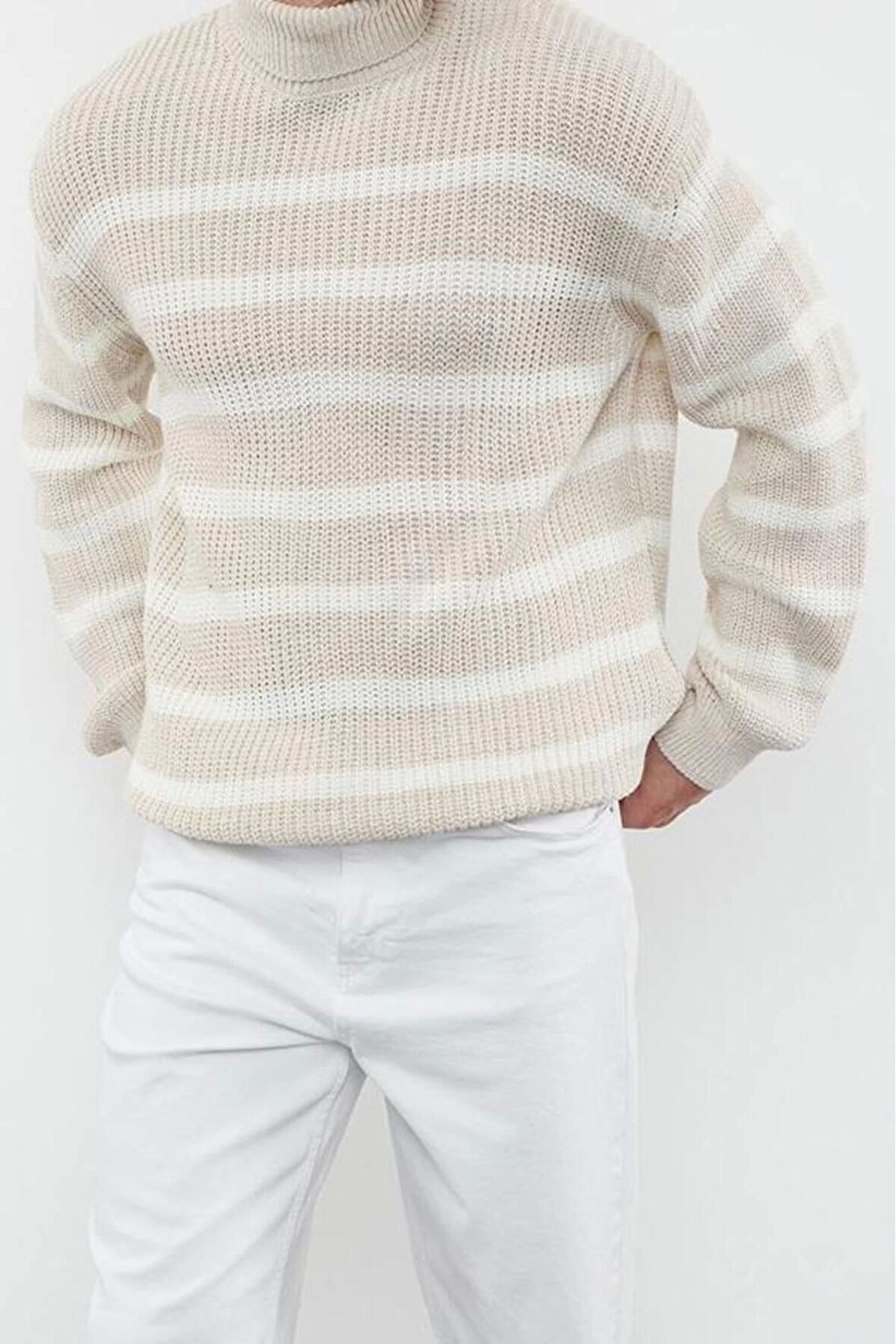 Stil Modern Unisex Regular Düşük Kol Balıkçı Yaka Casual Unisex Fit Geniş Kalıp Çizgili Triko Kazak