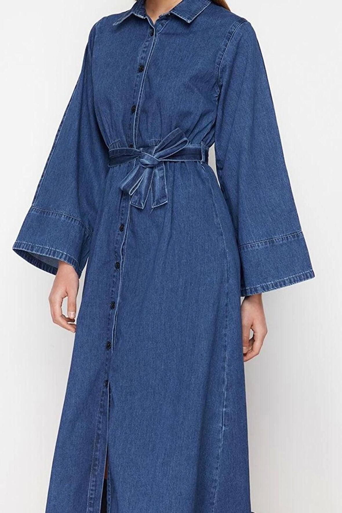 Moda Stil Regular Gömlek Yaka Maxi Boy Gömlek Denim Modest Elbise
