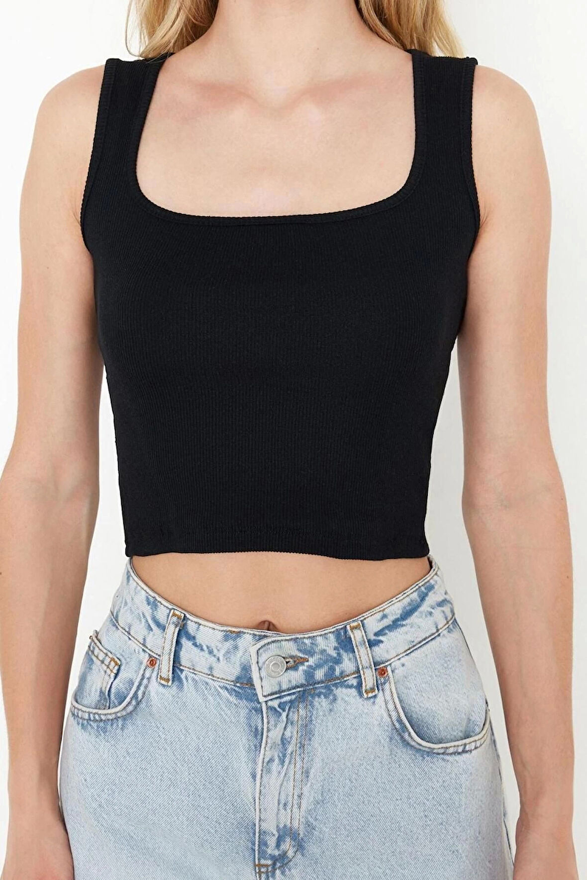 Moda Kare Yaka Örme Slim Düz Desen Casual Günlük Crop Kolsuz Bluz