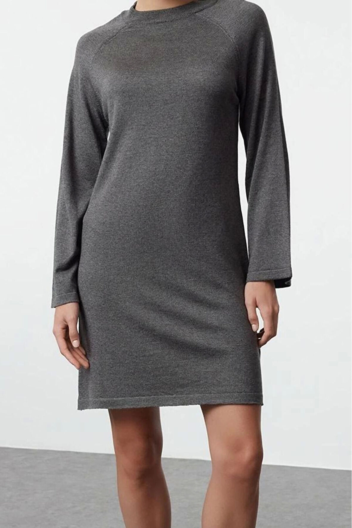 Moda Stil Regular Bisiklet Yaka Mini Boy Triko Basic Pamuklu Elbise