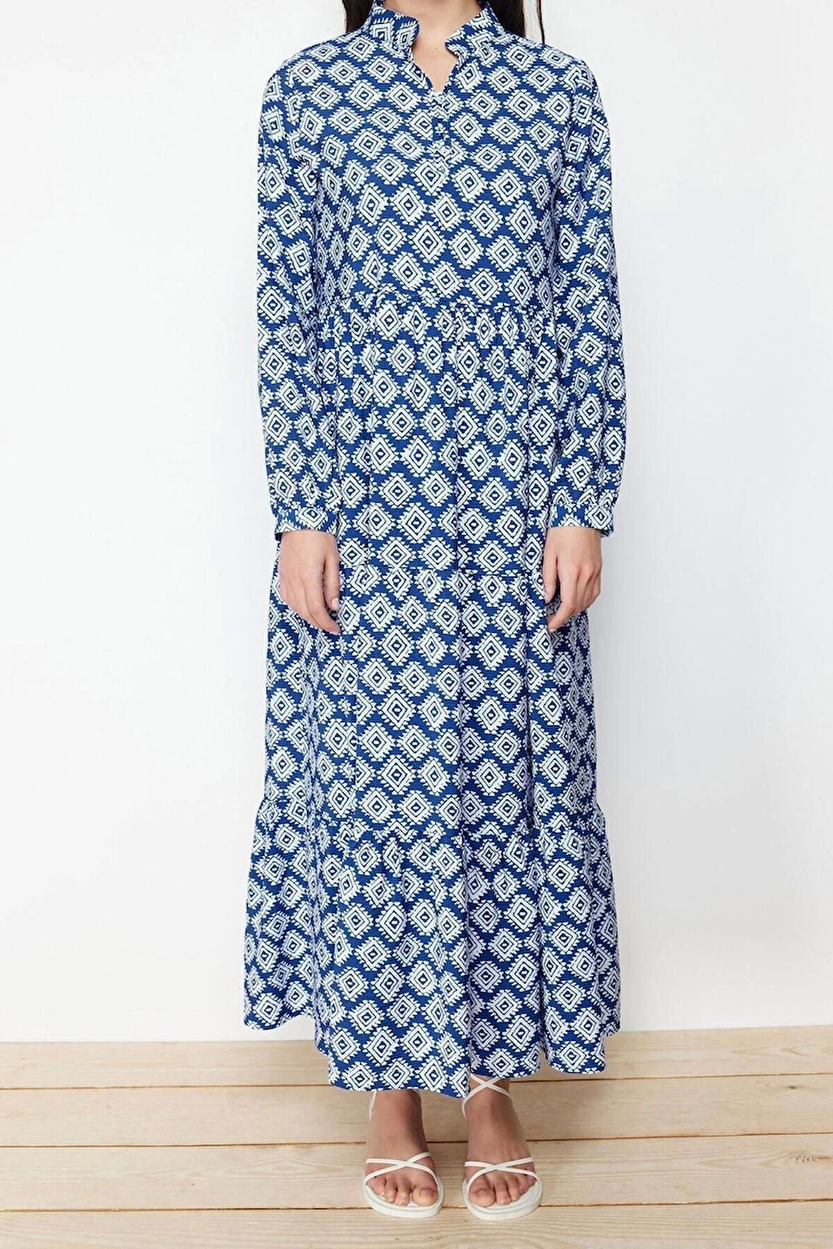 Moda Regular Casual Günlük Lilyum Dokuma Gömlek Yaka Uzun Kol A-Line Maxi Boy Tesettür Elbise