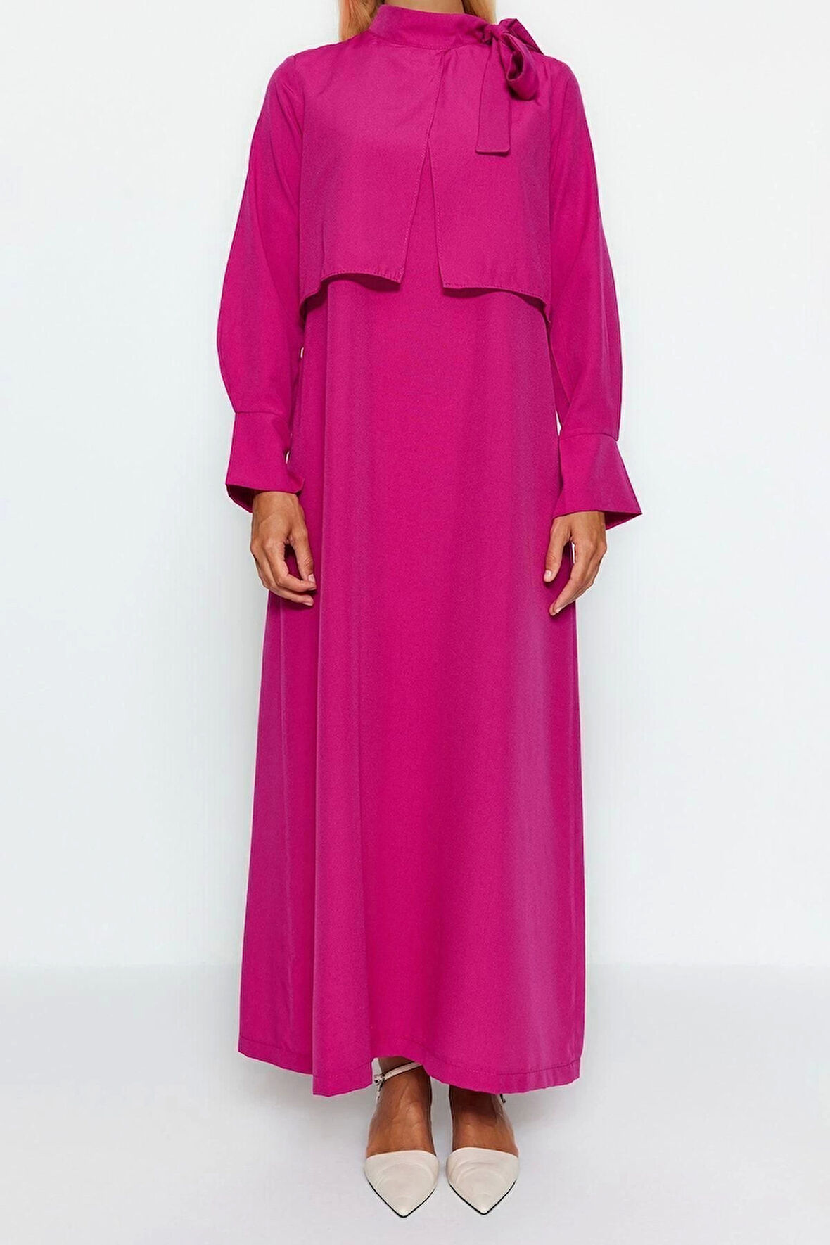 Moda Regular Günlük Terryviskon Dokuma Boyundan Bağlamalı Uzun Kol A-Line Maxi Boy Tesettür Elbise