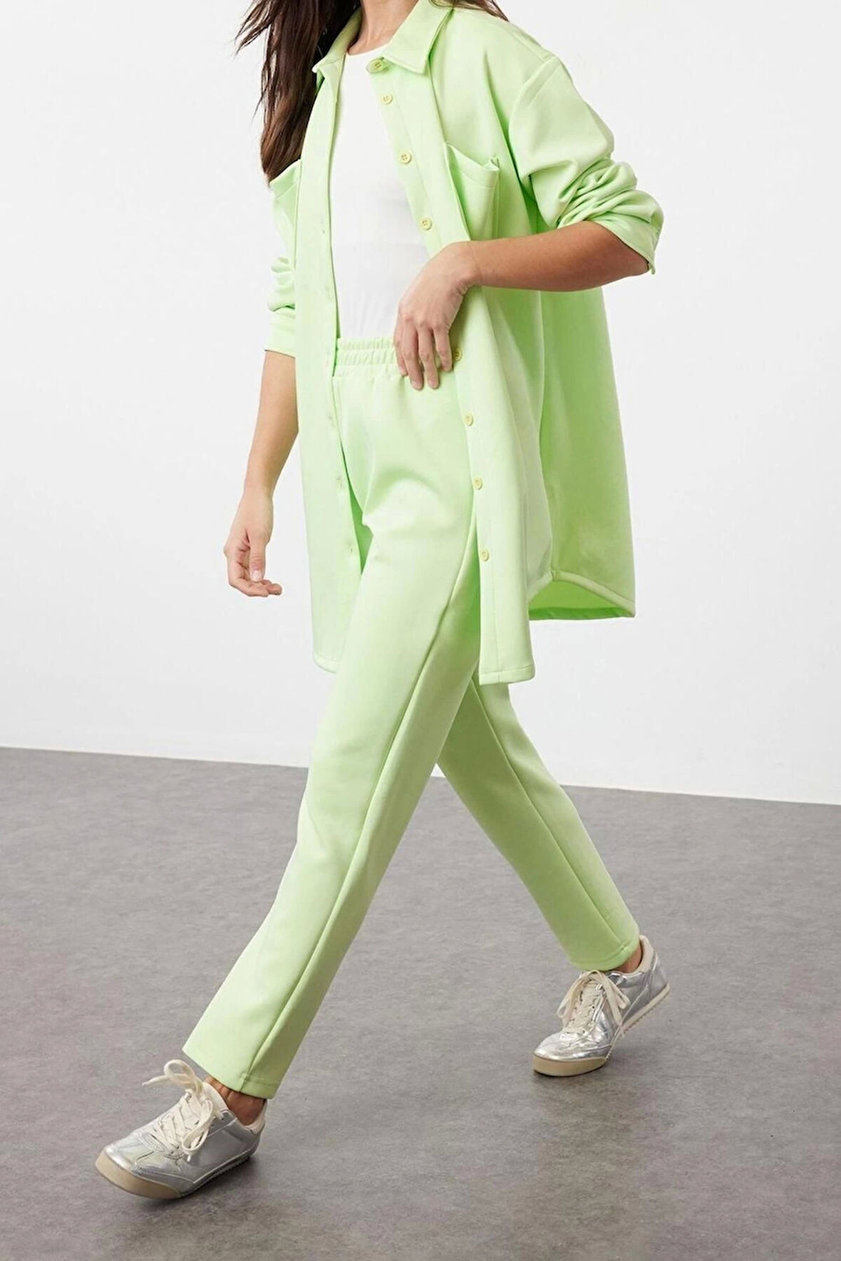 Moda Örme Düz Casual Günlük Açık Yeşil Cep Detaylı Gömlek-Pantolon Örme Takım