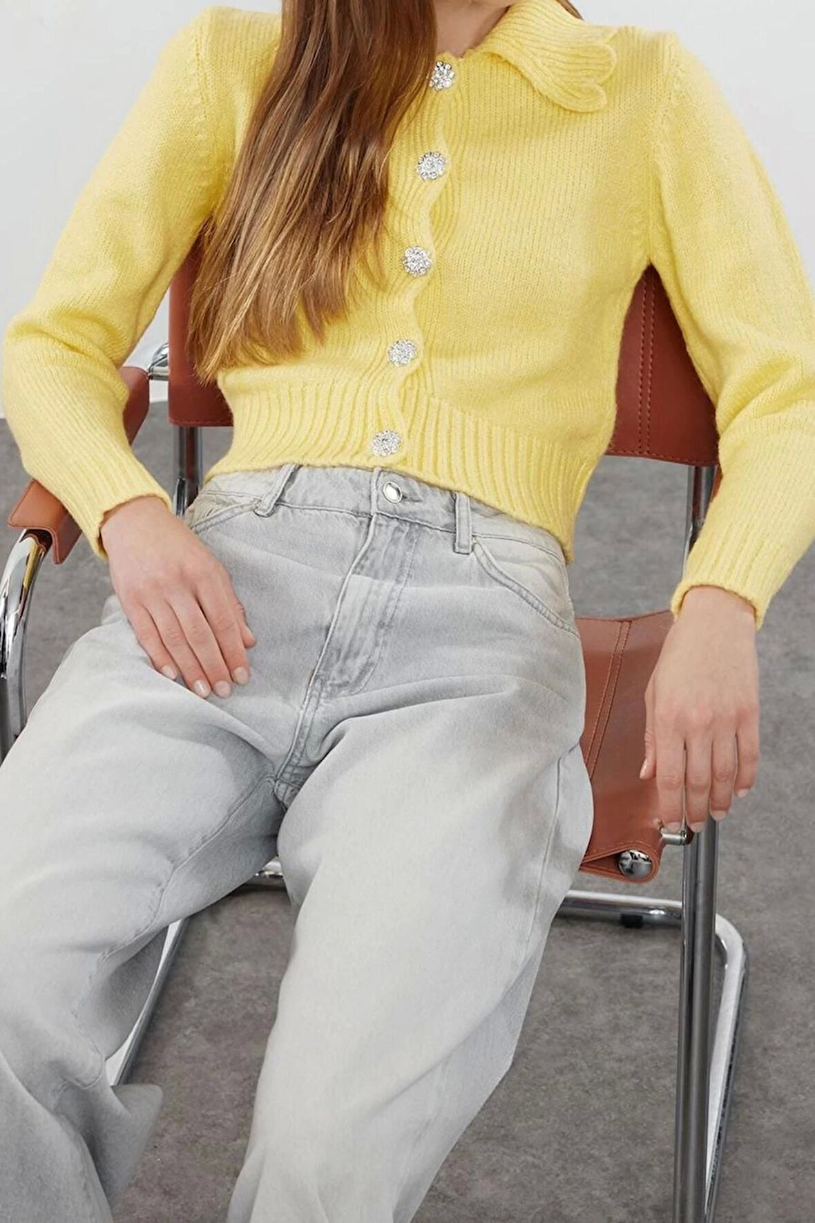 Kadın Modern Tarz Regular Polo Yaka Crop Triko Hırka