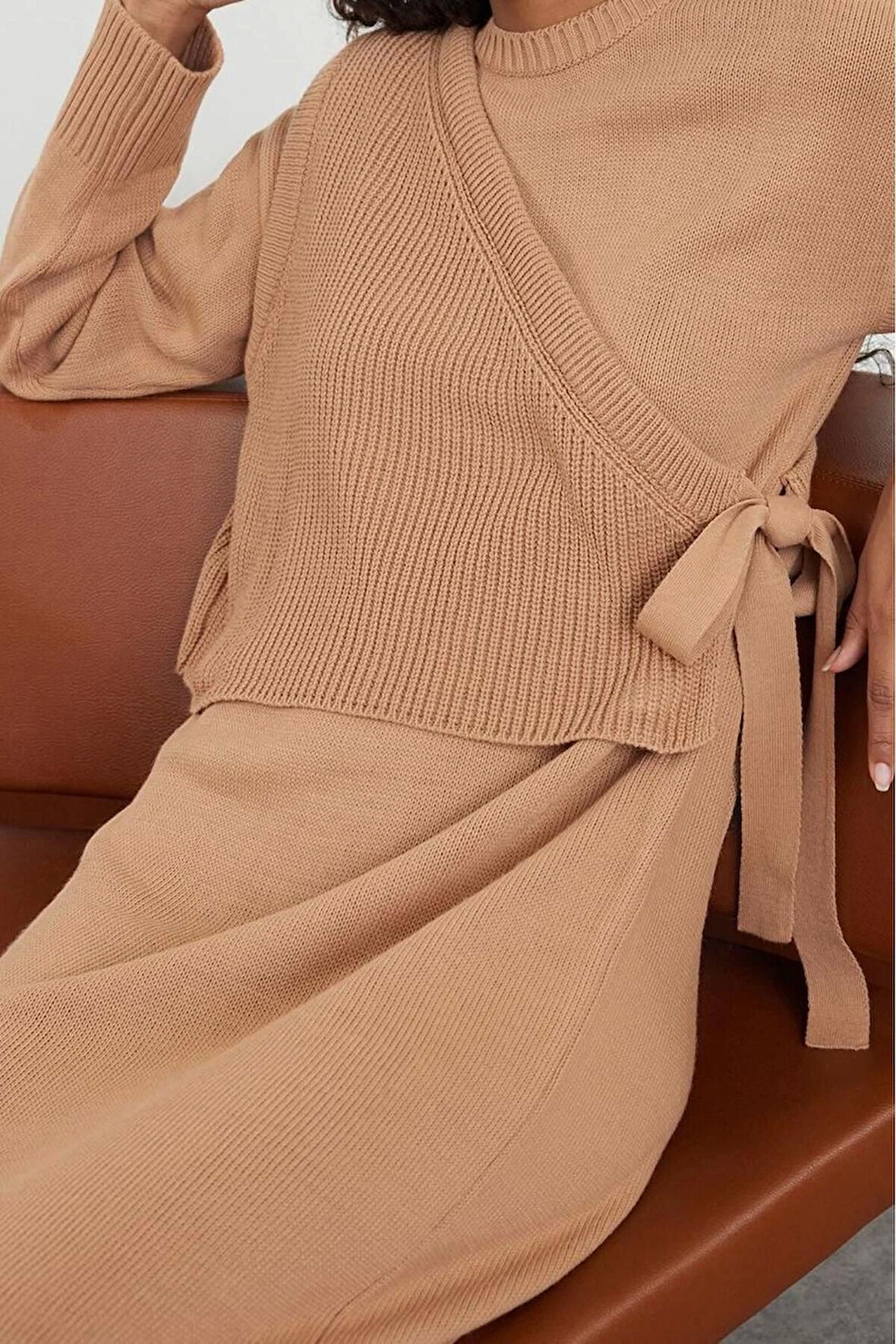 Tarz Kadın Modern Moda Normal Bel Boru Paça Dik Yaka Triko Hırka Elbise Alt-Üst Takım