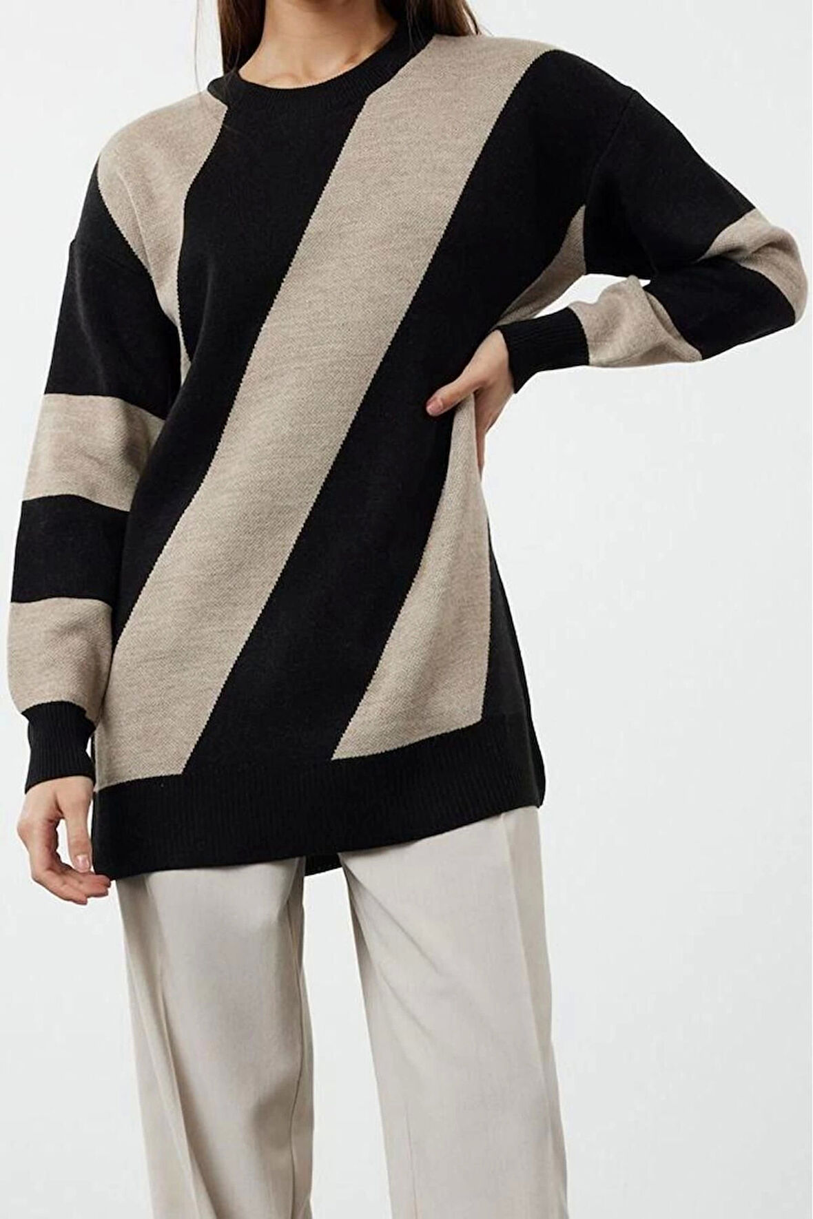 Kadın Modern Tarz Rahat Uzun Bisiklet Yaka Renk Bloklu Kol Regular Triko Kazak