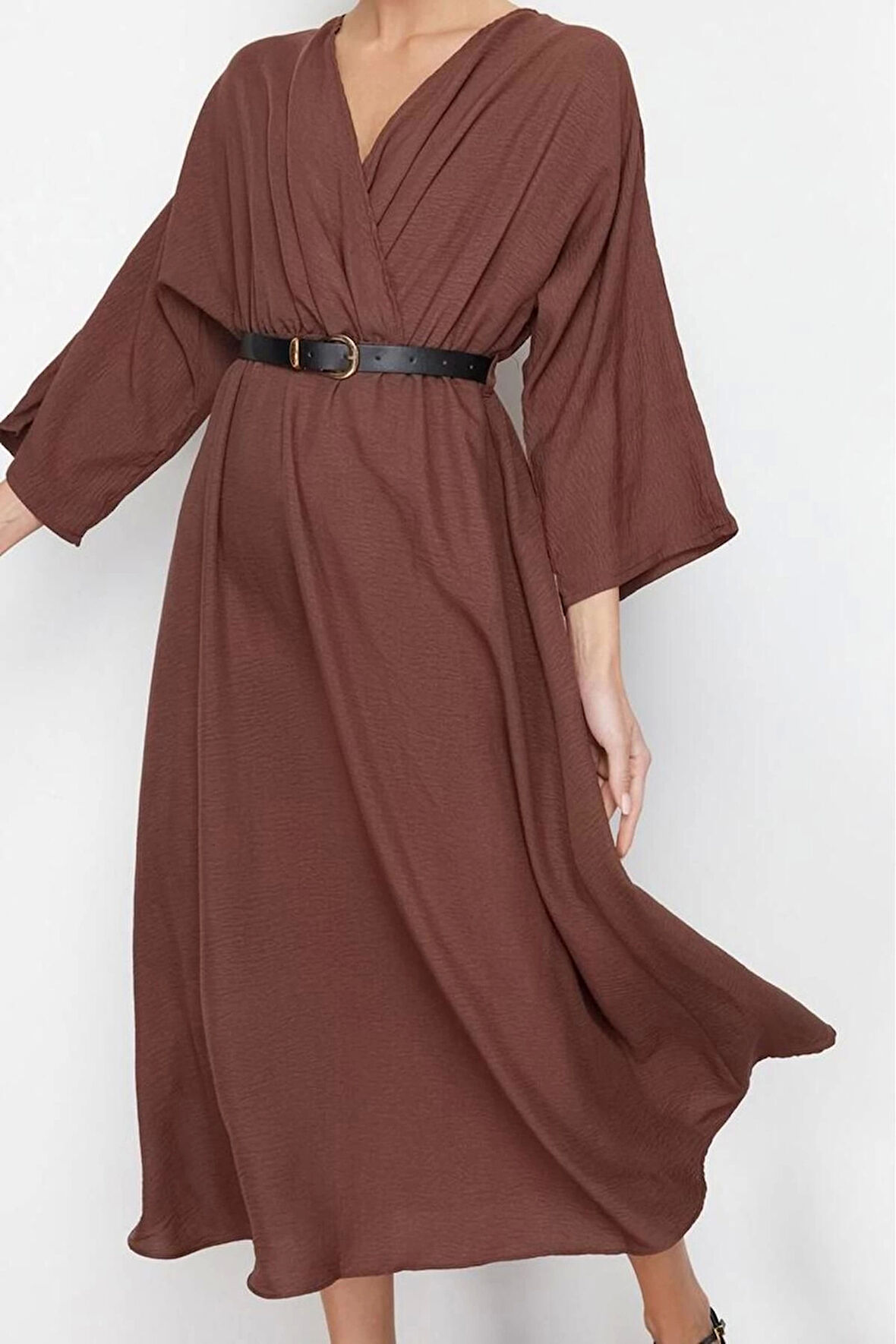 Moda Stil Regular Kruvaze Midi Boy Düz Elbise