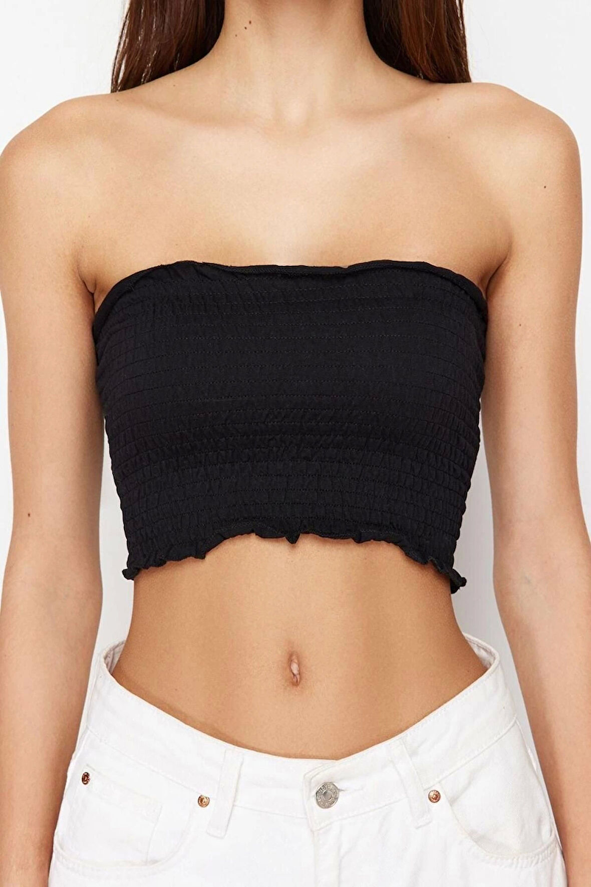 Moda Straplez Örme Slim Düz Desen Casual Günlük Crop Kolsuz Bluz
