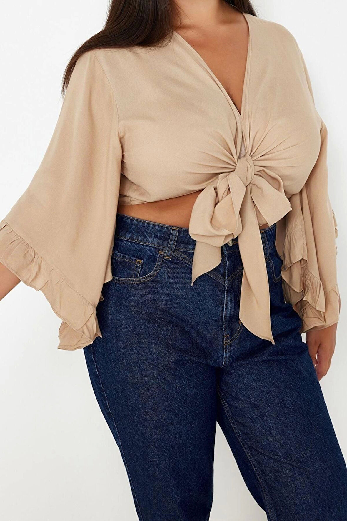 Moda Büyük Beden V Yaka Dokuma Fit Düz Desen Plaj Crop Truvakar Kol Kol Bluz