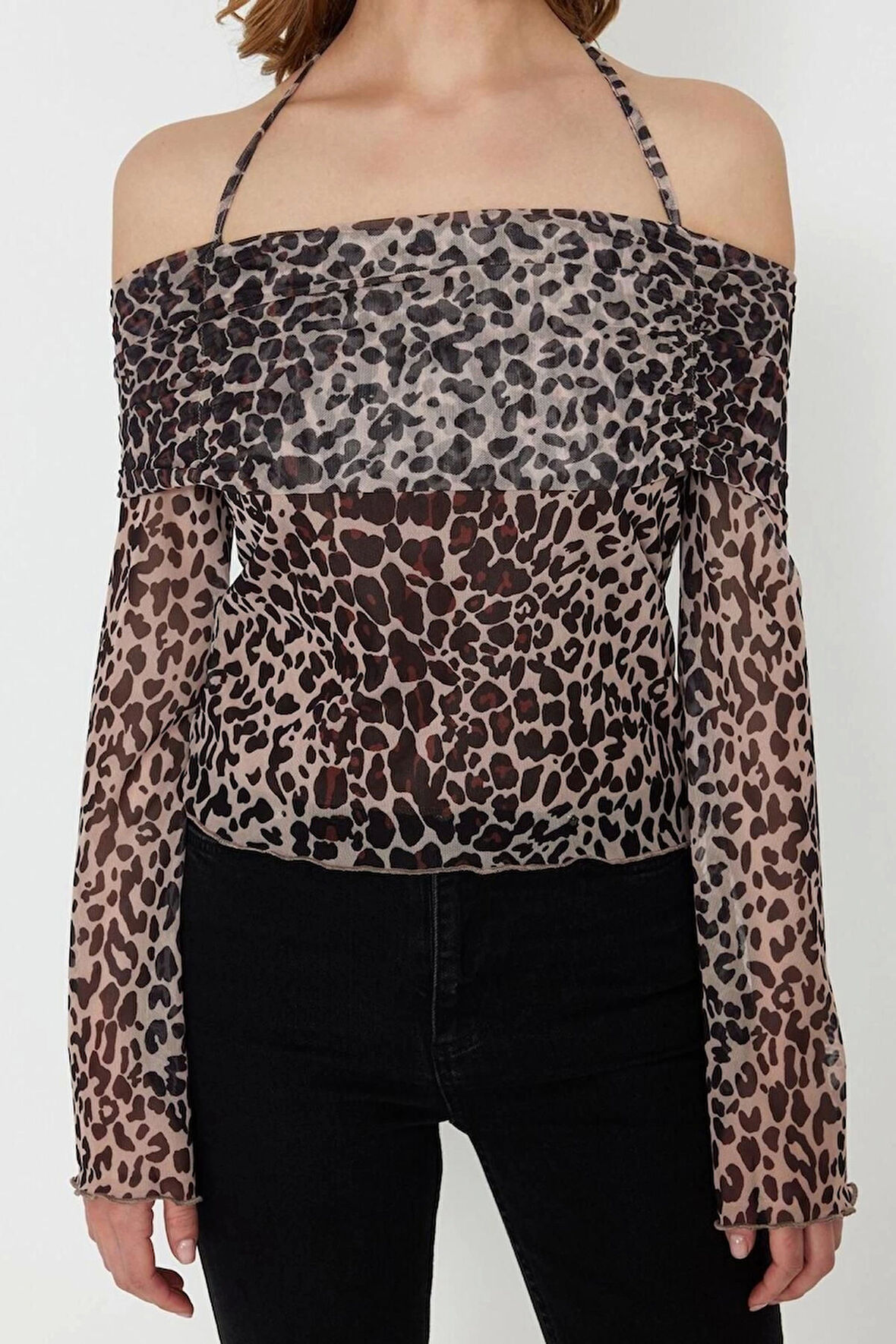 Moda Carmen Yaka Örme Regular Düz Desen Casual Günlük Crop Uzun Kol Bluz