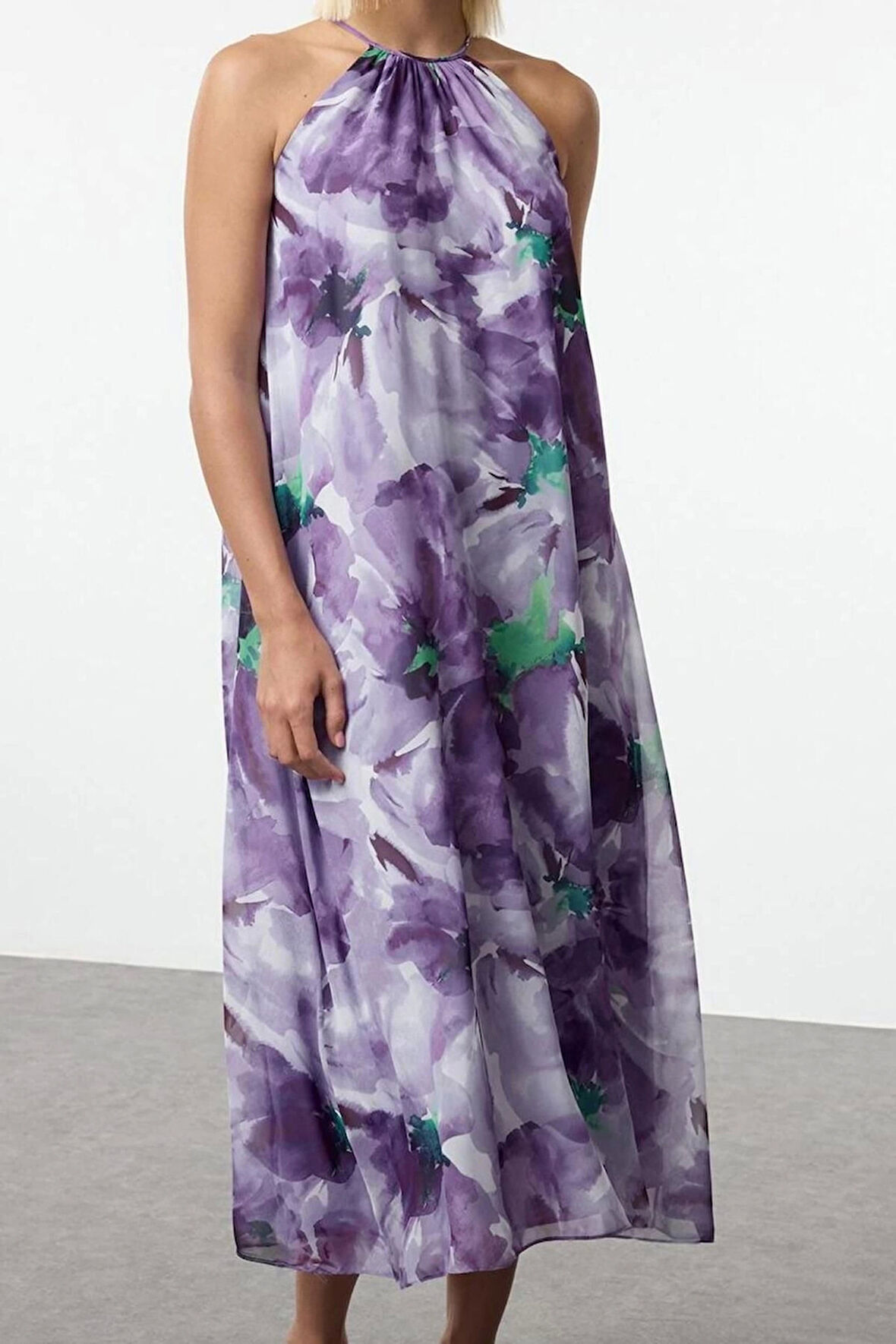 Moda Stil Regular Halter Yaka Maxi Boy Çiçekli Shift Dokuma Elbise
