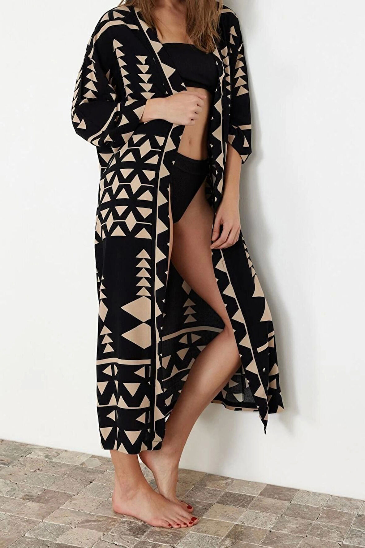 Moda Dokuma Regular Kalıp Uzun V Yaka Standart Kol Shally Basic Geometrik Desen Kimono Kaftan