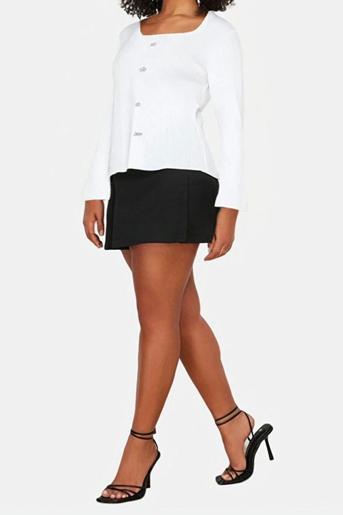 Moda Büyük Beden Kare Yaka Triko Fit Düz Desen Casual Günlük Regular Uzun Kol Bluz