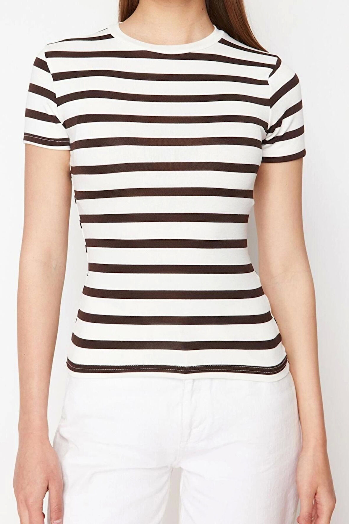 Moda Bisiklet Yaka Örme Slim Çizgili Desen Casual Günlük Regular Kısa Kol Bluz