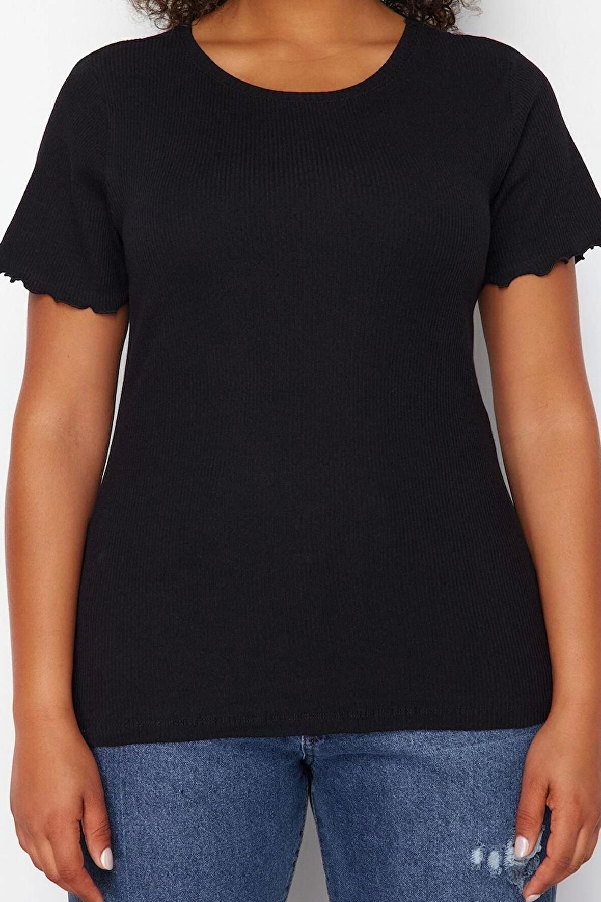 Moda Büyük Beden Bisiklet Yaka Örme Fit Geometrik Desen Casual Günlük Regular Kısa Kol Bluz