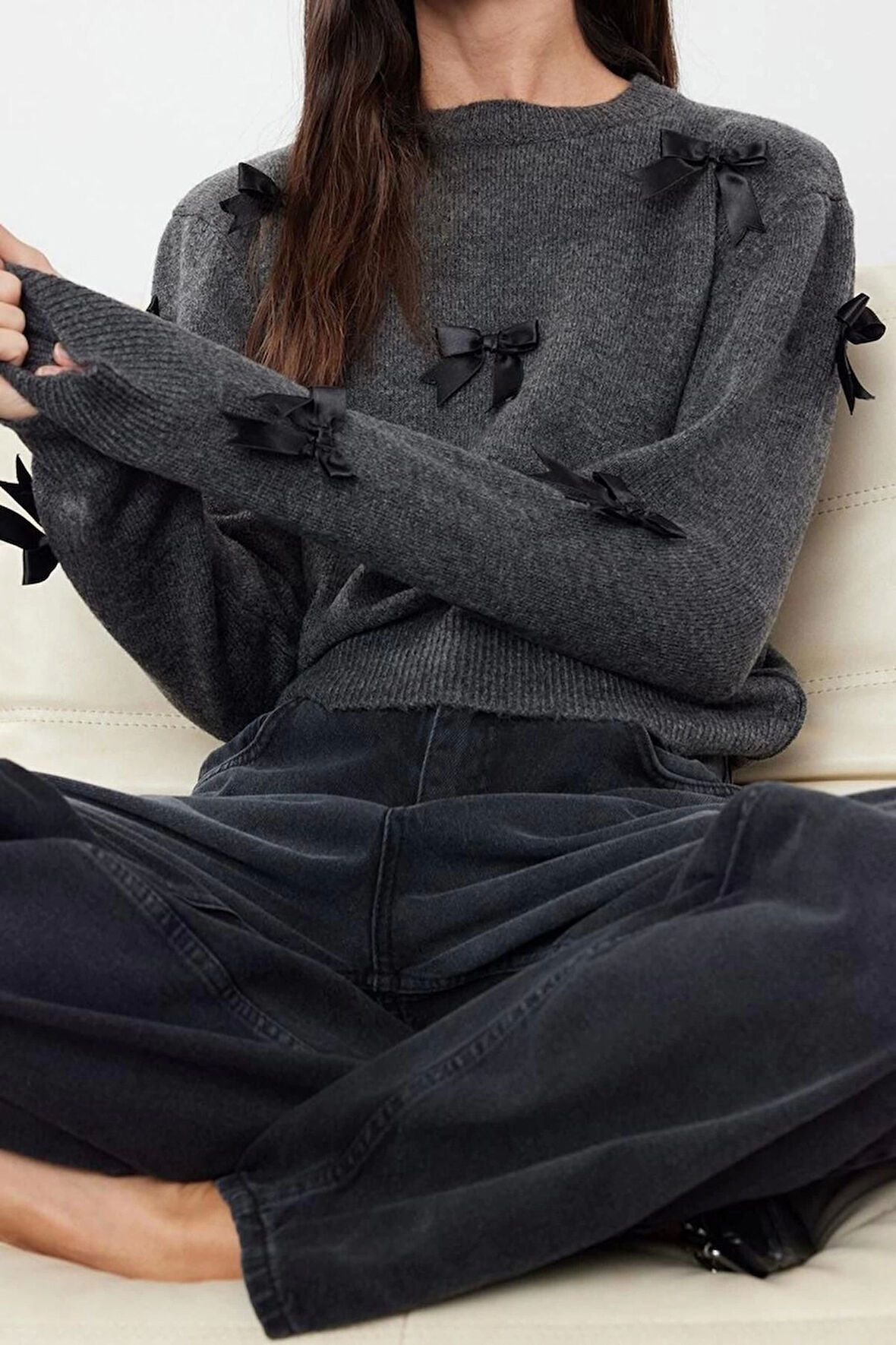 Kadın Modern Tarz Rahat Uzun Bisiklet Yaka Düz Kol Regular Triko Kazak