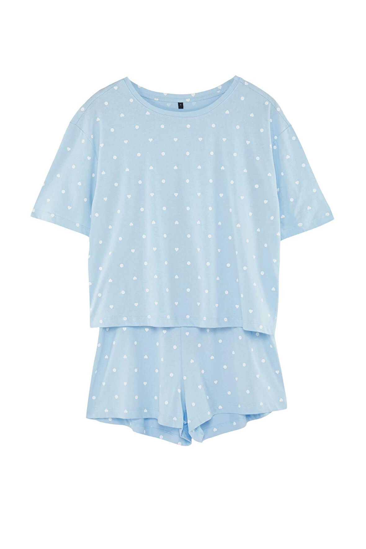 Tarz Rahat Kısa Kollu Boru Paça %100 Pamuklu Kalp Desenli T-shirt-Şort Örme Pijama Takımı
