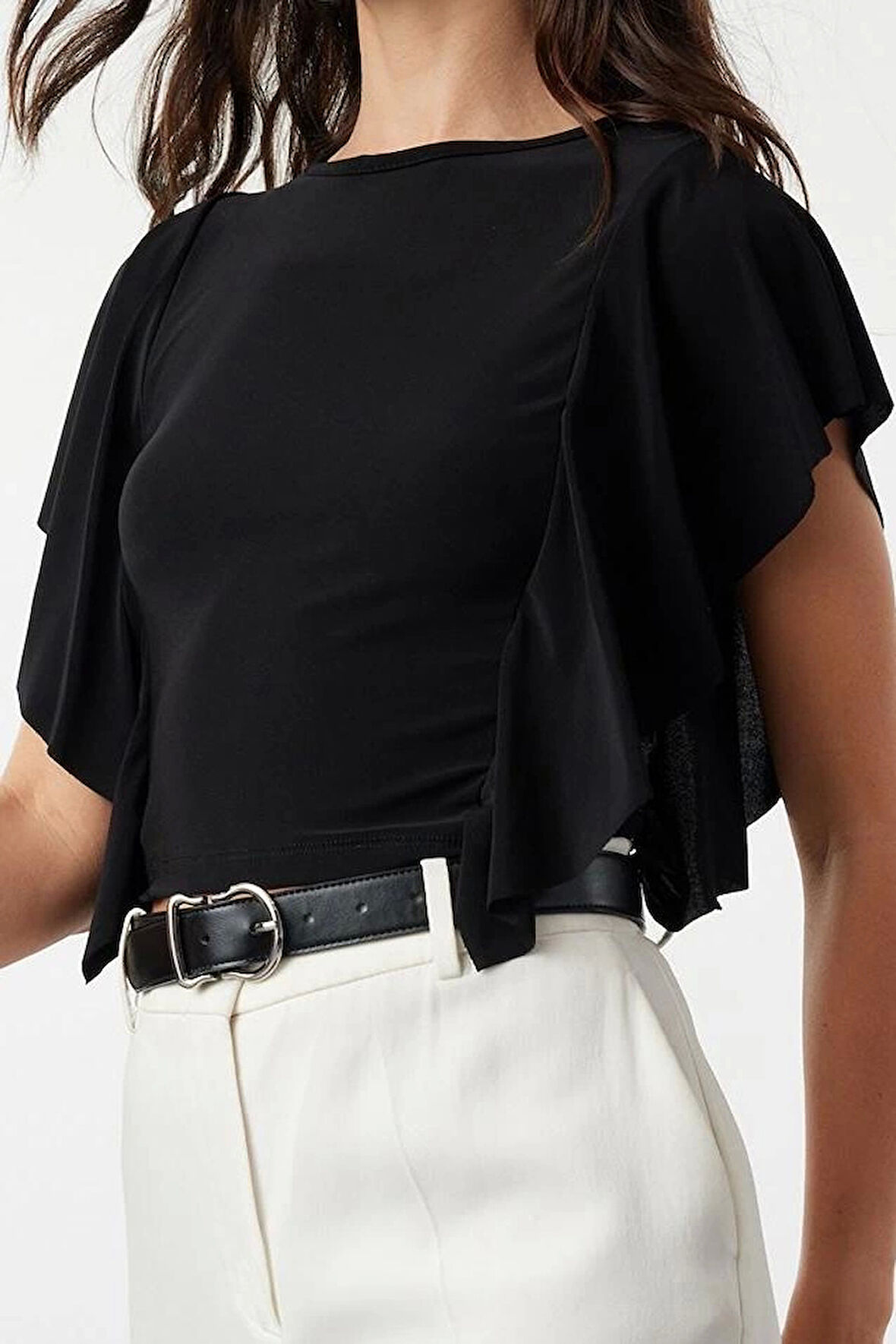 Moda Bisiklet Yaka Örme Slim Düz Desen Casual Günlük Crop Kısa Kol Bluz