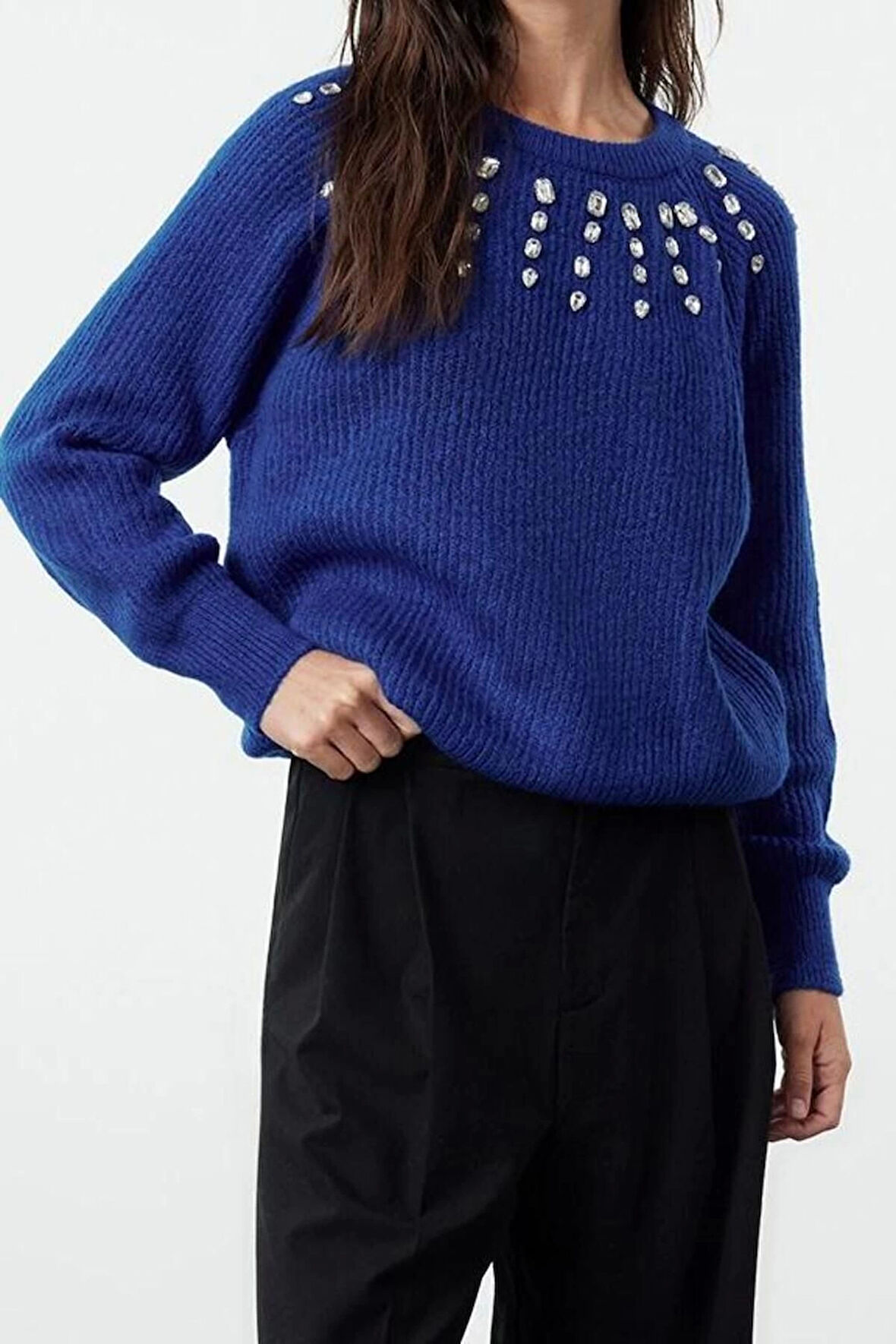 Stil Modern Kadın Regular Standart Kol Bisiklet Yaka Yumuşak Dokulu Taş Detaylı Triko Kazak