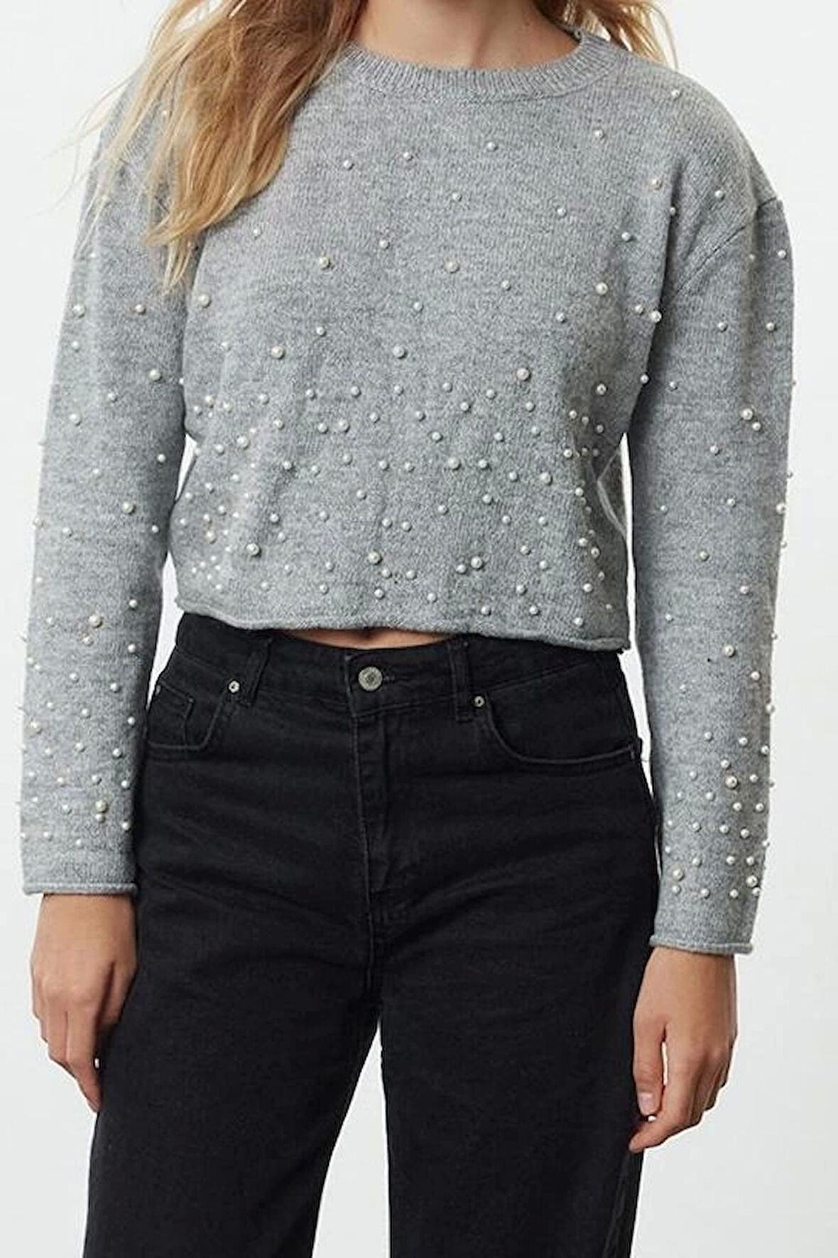 Stil Modern Kadın Regular Standart Kol Bisiklet Yaka Yumuşak Dokulu Crop Taşlı Triko Kazak
